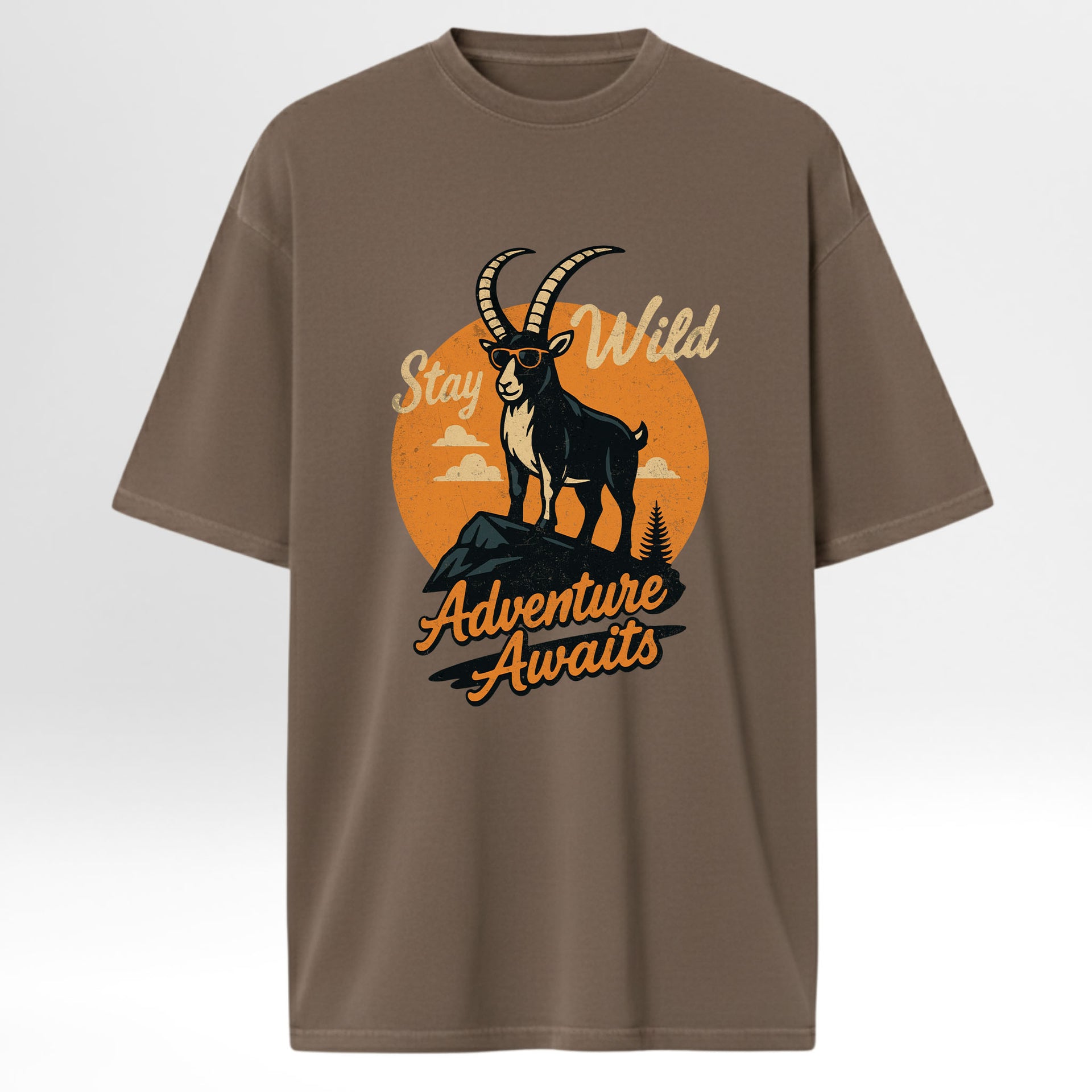 Brown hunting graphic t-shirt with a graphic of a goat and text 'Stay Wild Adventure Awaits' on a white background