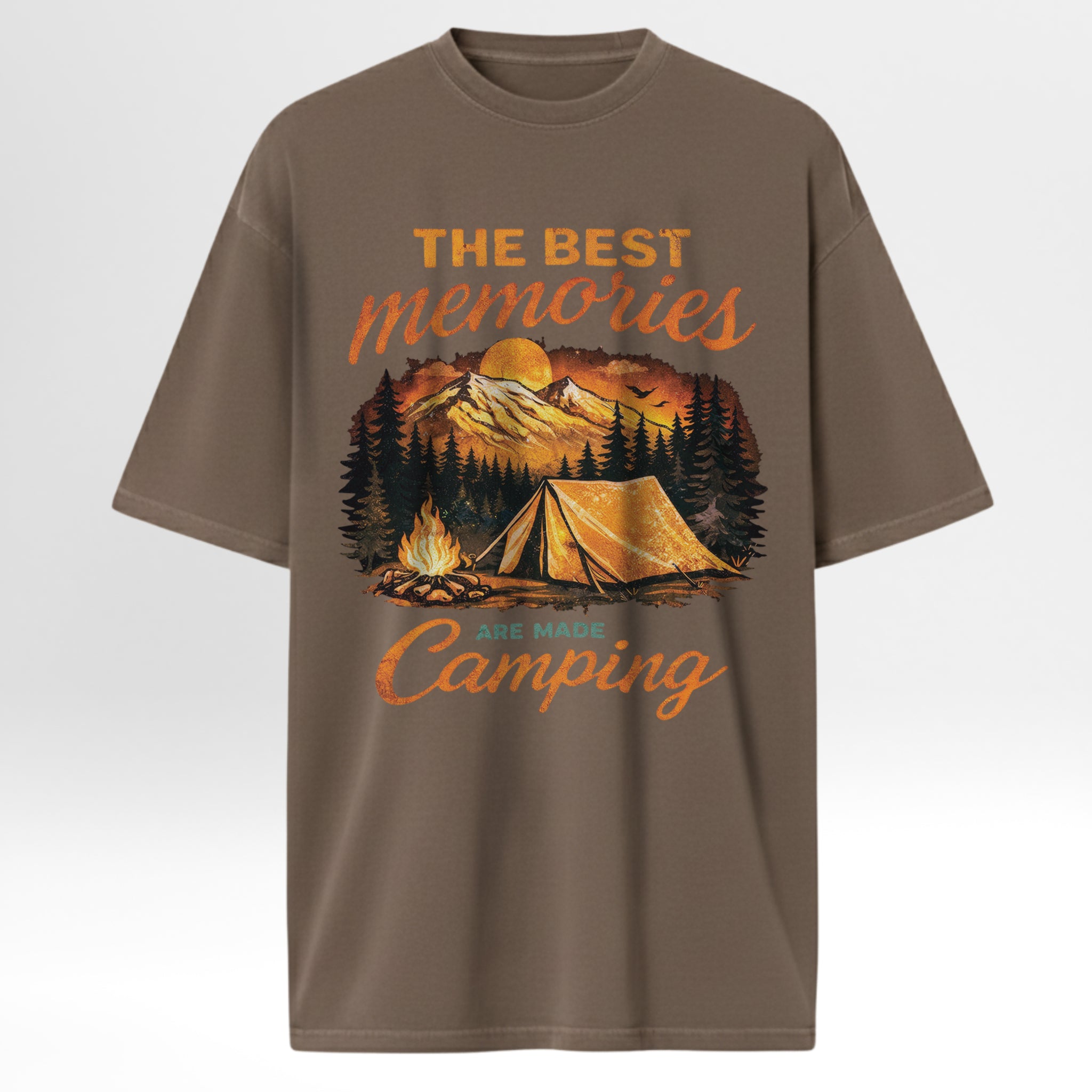 Brown camping t-shirt with camping graphic and text 'The Best Memories Are Made Camping'.