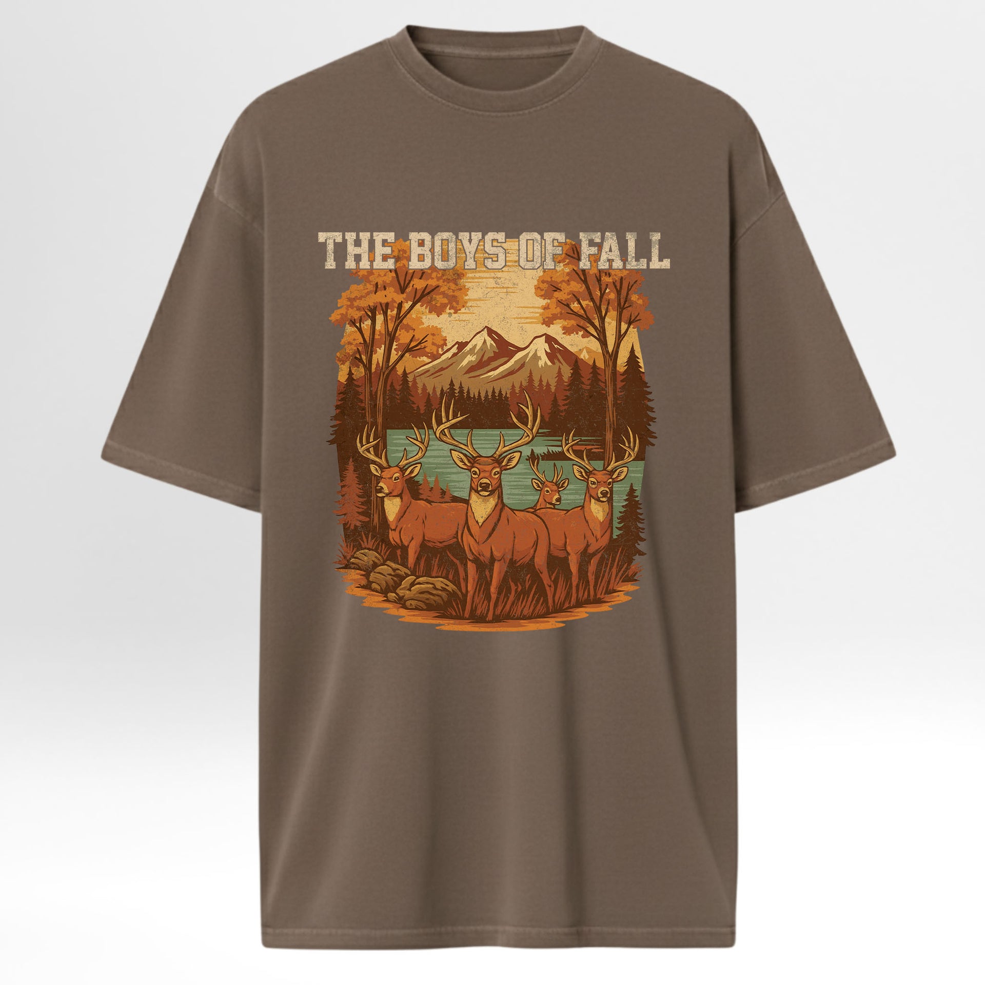 Brown hunting graphic t-shirt with a graphic of deer and mountains and text 'The Boys of Fall' on a white background