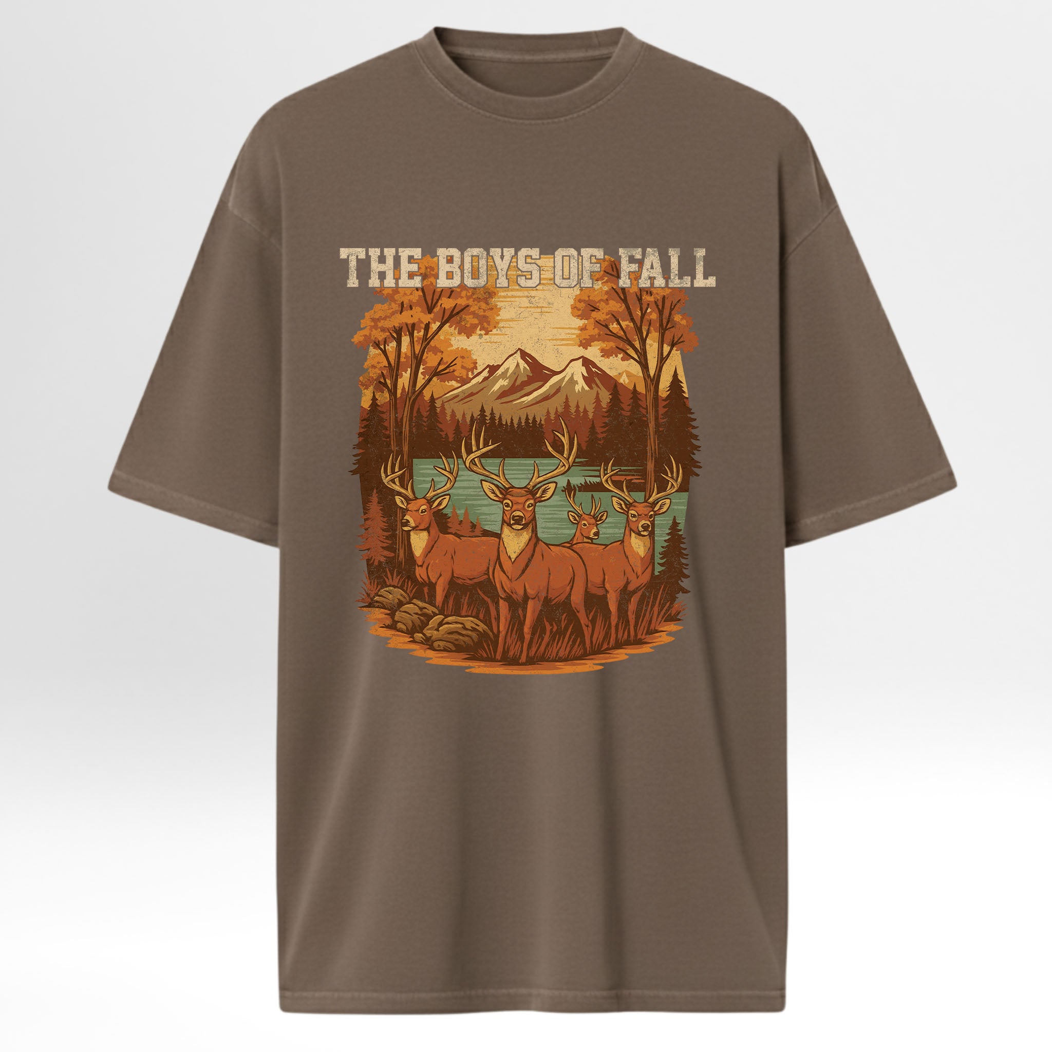 Brown hunting graphic t-shirt with a graphic of deer and mountains and text 'The Boys of Fall' on a white background