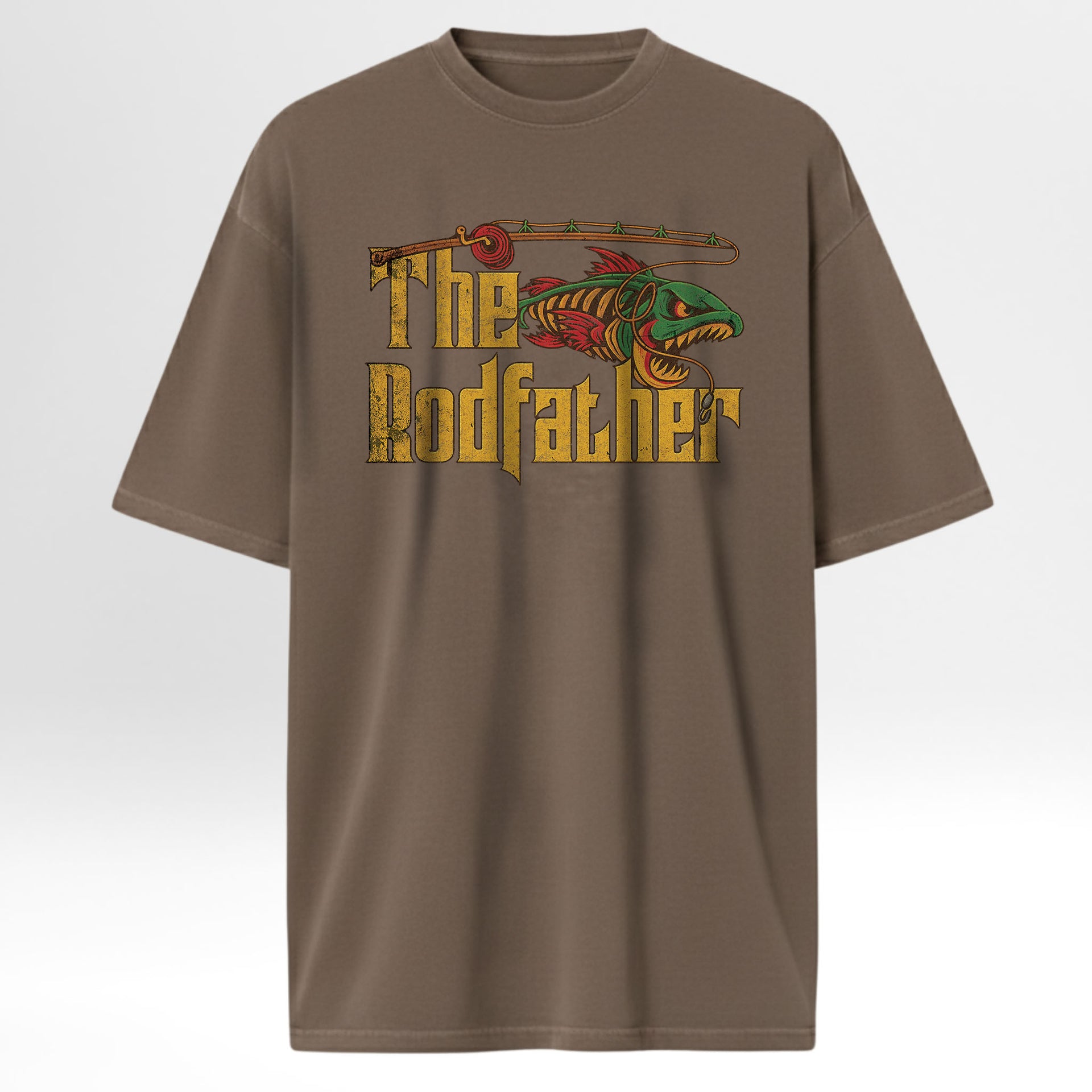 Brown fishing t-shirt with 'The Rodfather' graphic design.