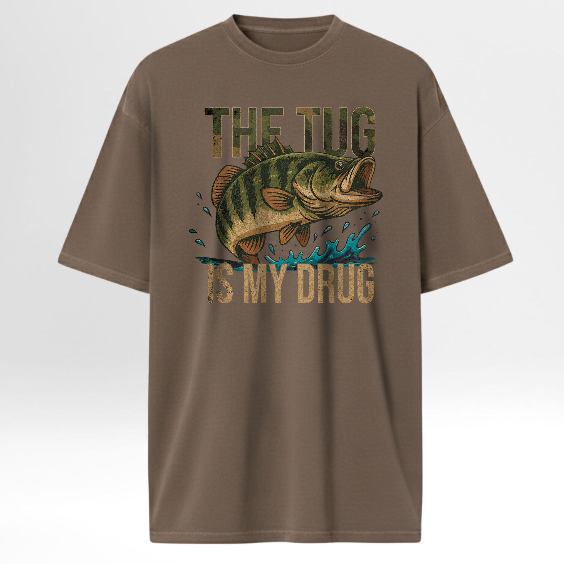 Brown fishing t-shirt with fish graphic and text on a white background