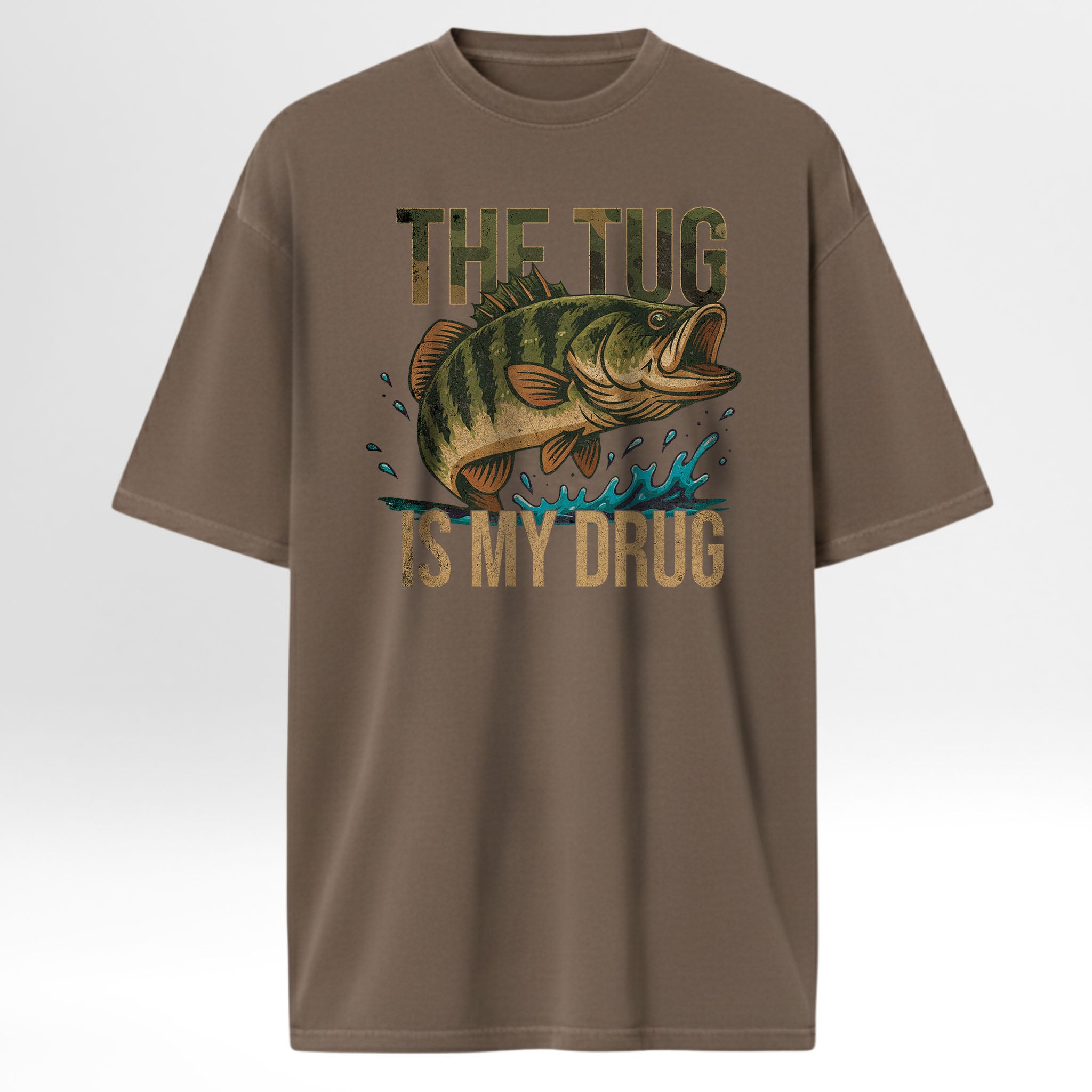 Brown fishing t-shirt with fish graphic and text on a white background