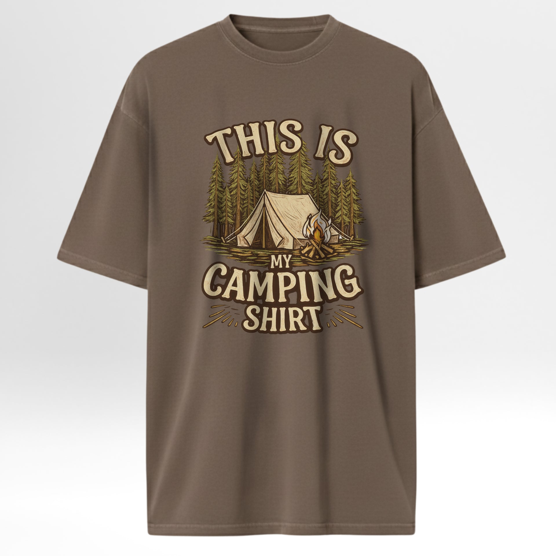 Brown t-shirt with camping graphic and text on a brown background