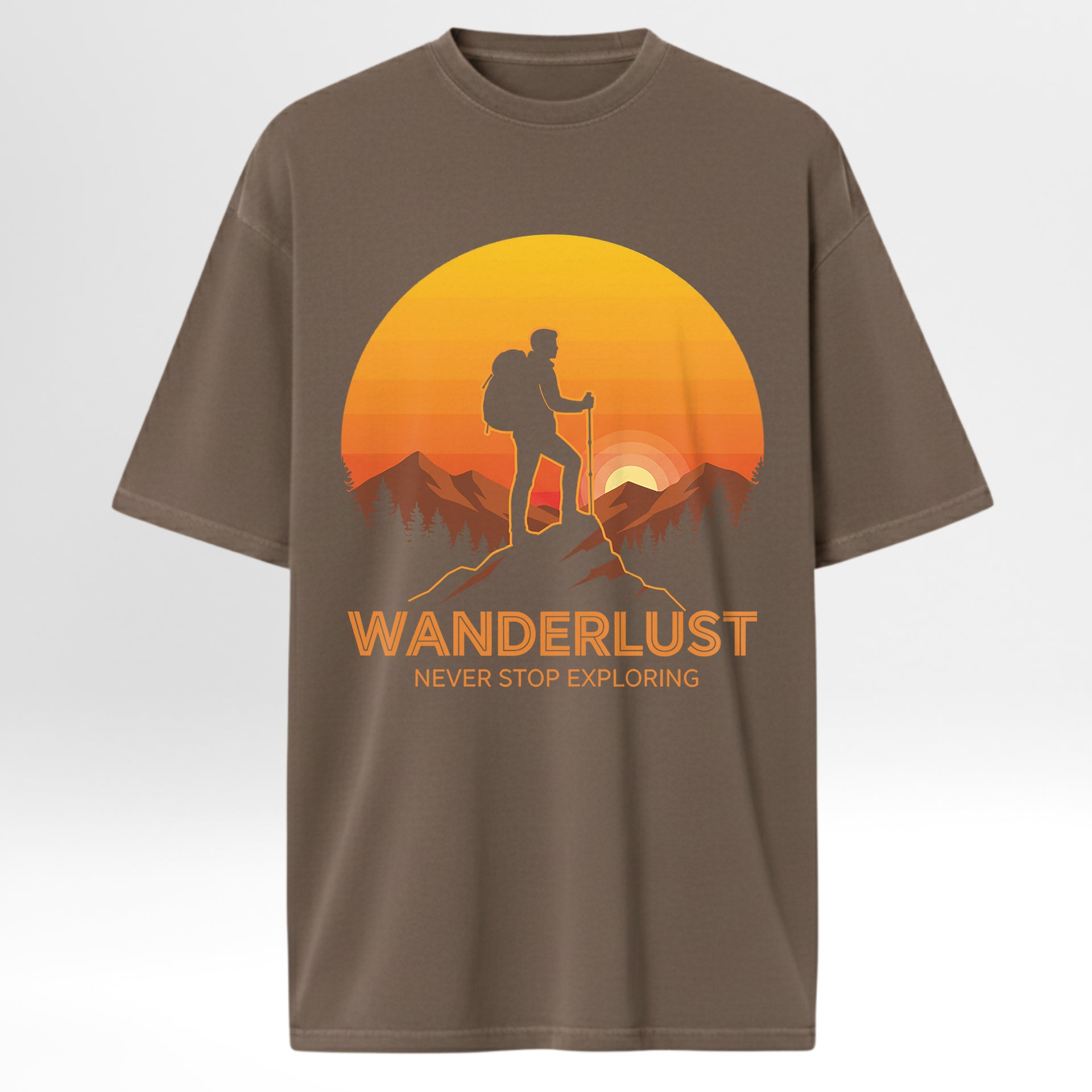 Brown trail graphic t-shirt with a hiking graphic and 'Wanderlust Never Stop Exploring' text on a white background
