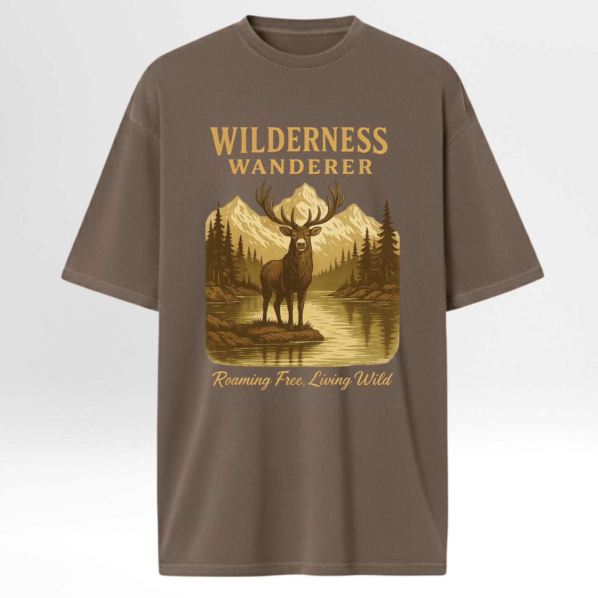 Brown hunting graphic t-shirt with a graphic of a deer and mountains, featuring the text 'Wilderness Wanderer' and 'Roaming Free, Living Wild'.