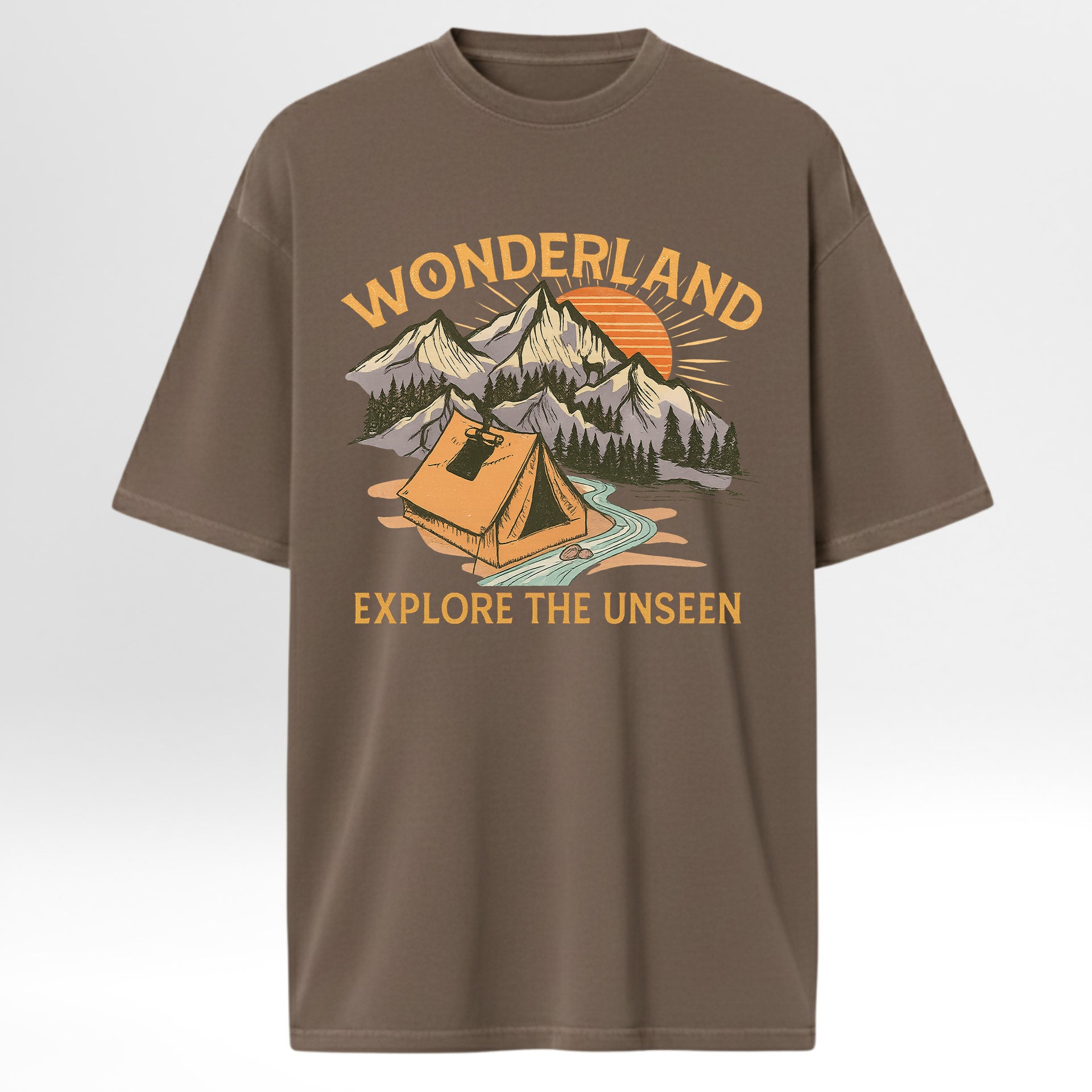 Brown trail graphic t-shirt with a graphic design of a tent, mountains, and text on a white background