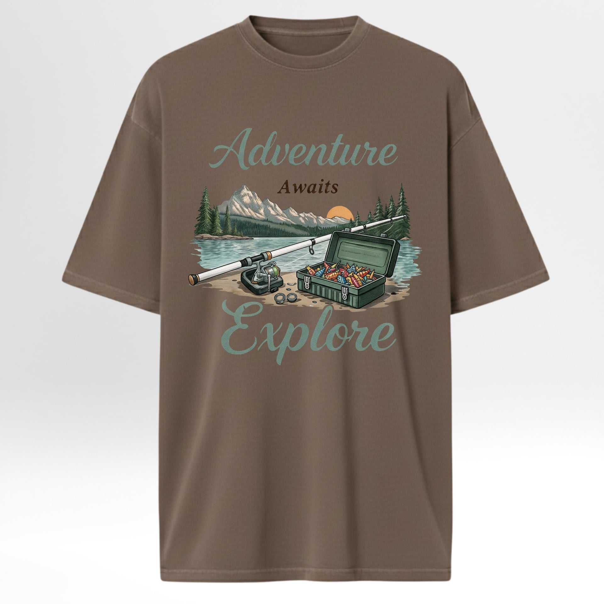 Brown fishing t-shirt with outdoor-themed graphic and 'Adventure Awaits Explore' text.