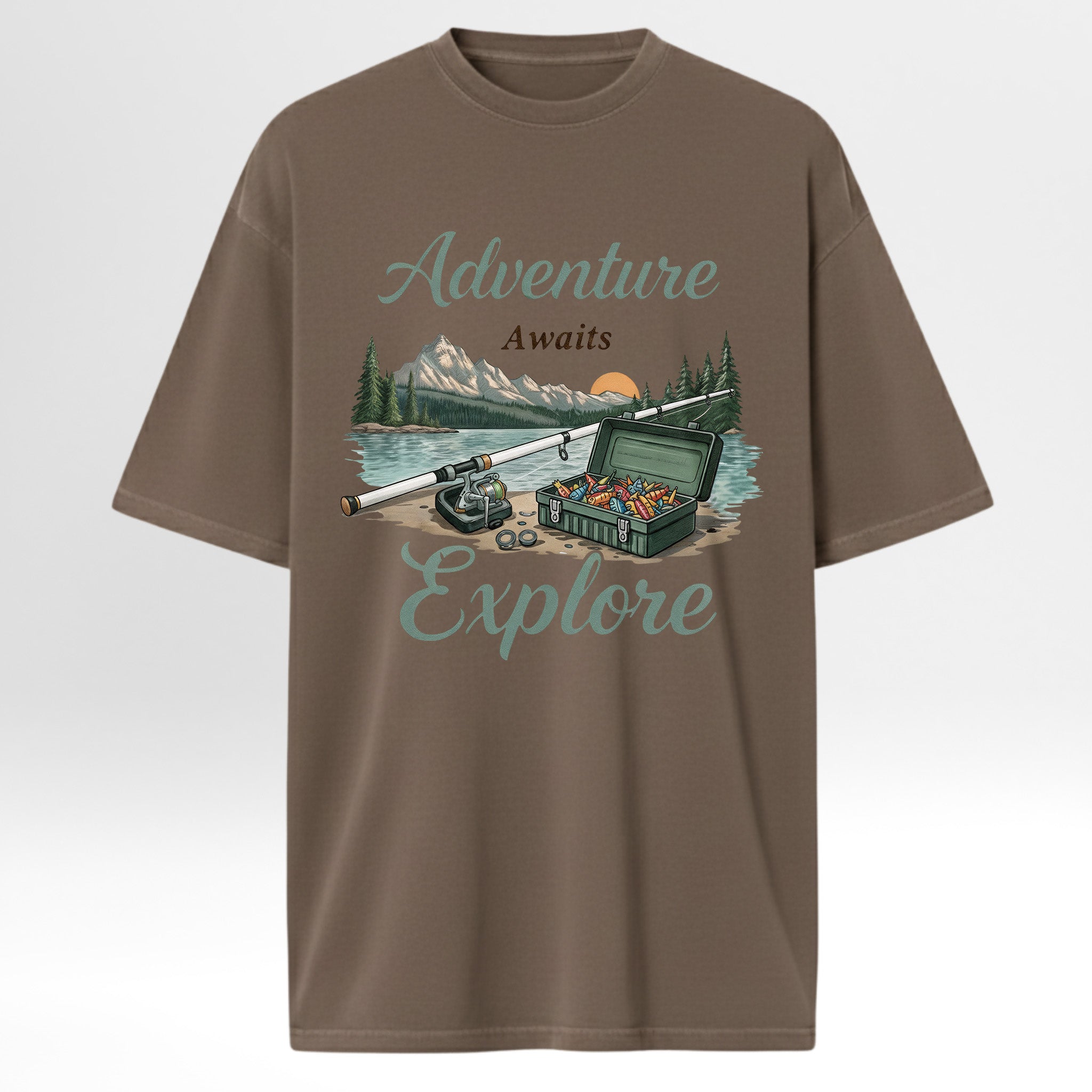 Brown fishing t-shirt with outdoor-themed graphic and 'Adventure Awaits Explore' text.