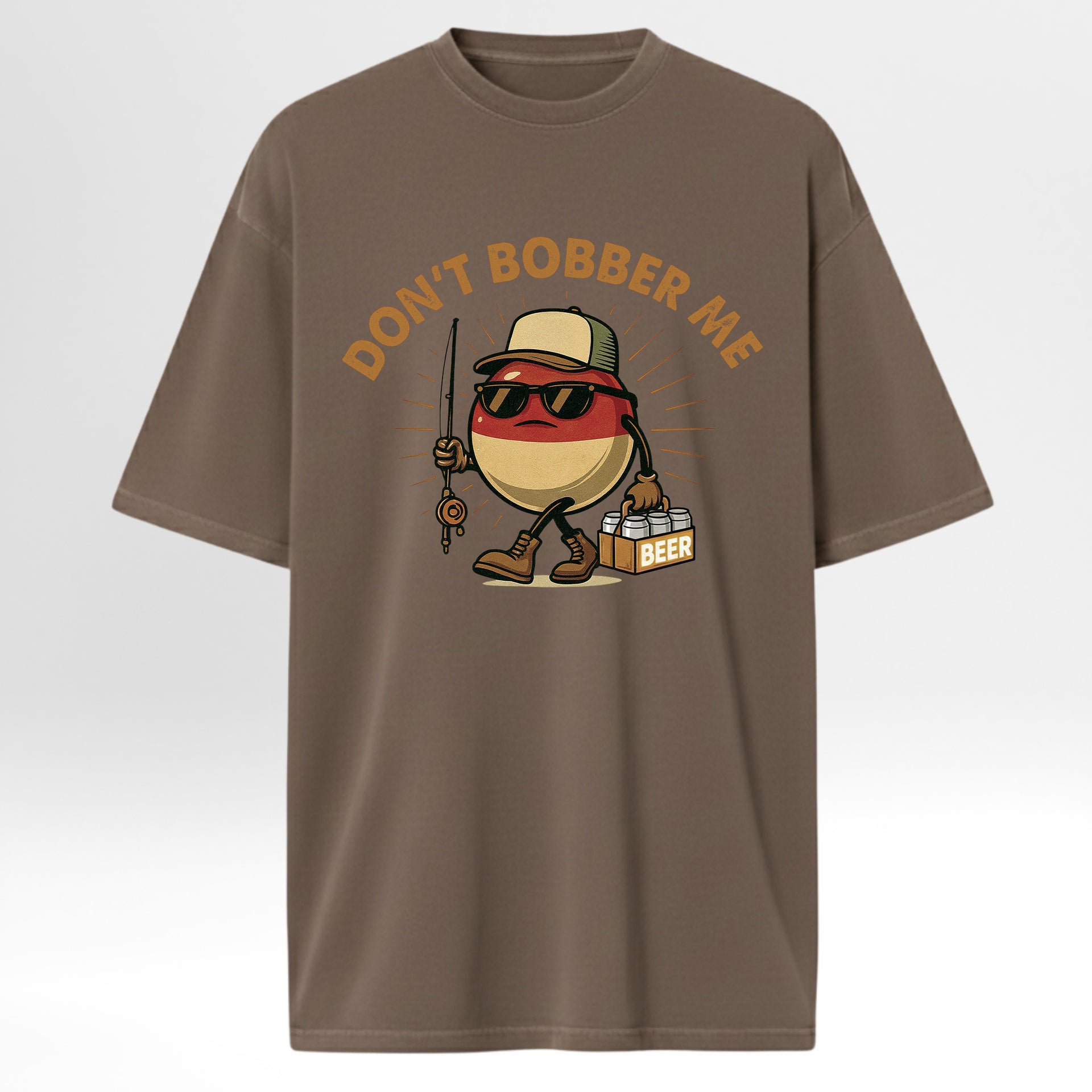 Brown fishing t-shirt with a graphic design of a potato wearing sunglasses with text 'Don't Bobber Me'