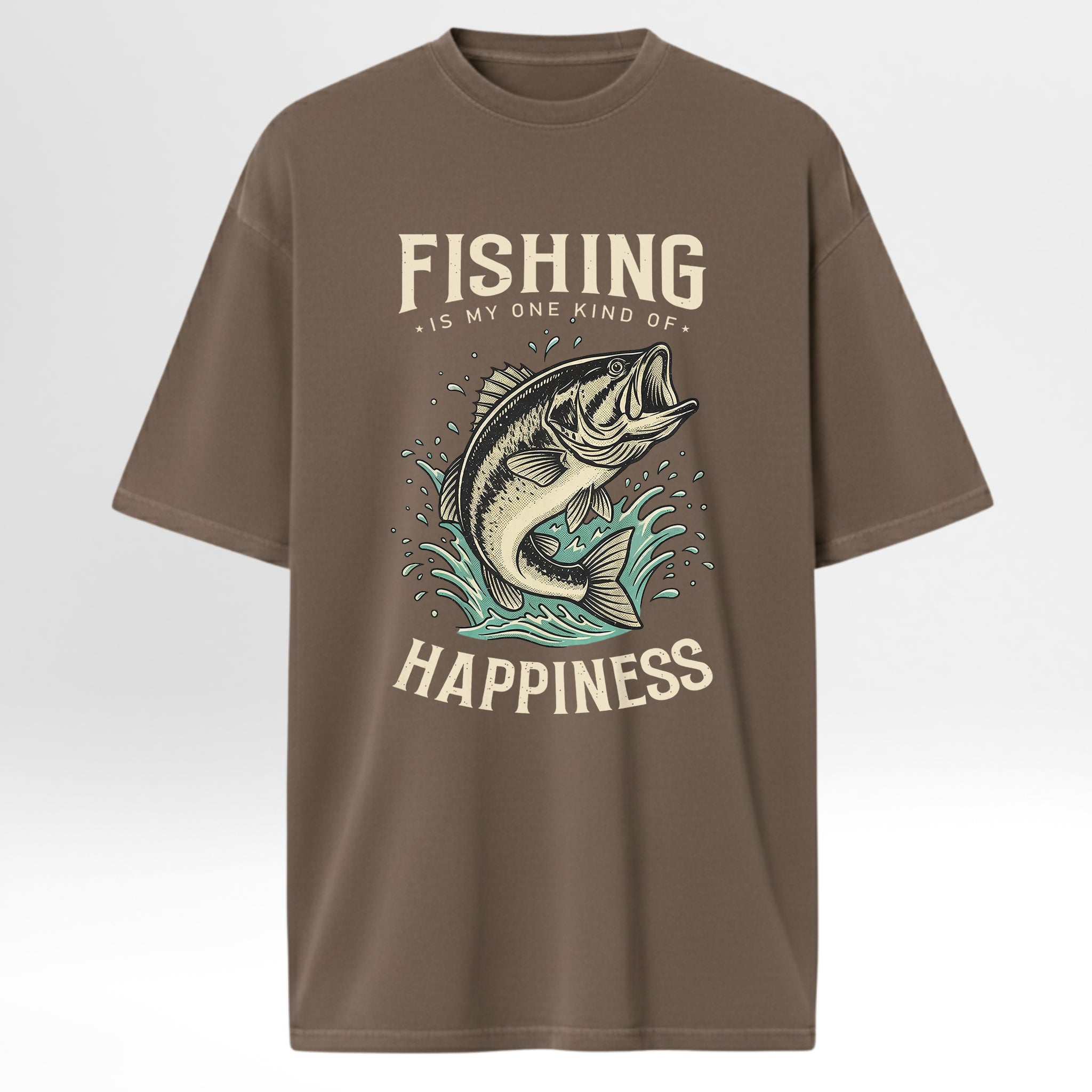 Brown fishing t-shirt with fishing graphic and text 'Fishing Is My One Kind Of Happiness'