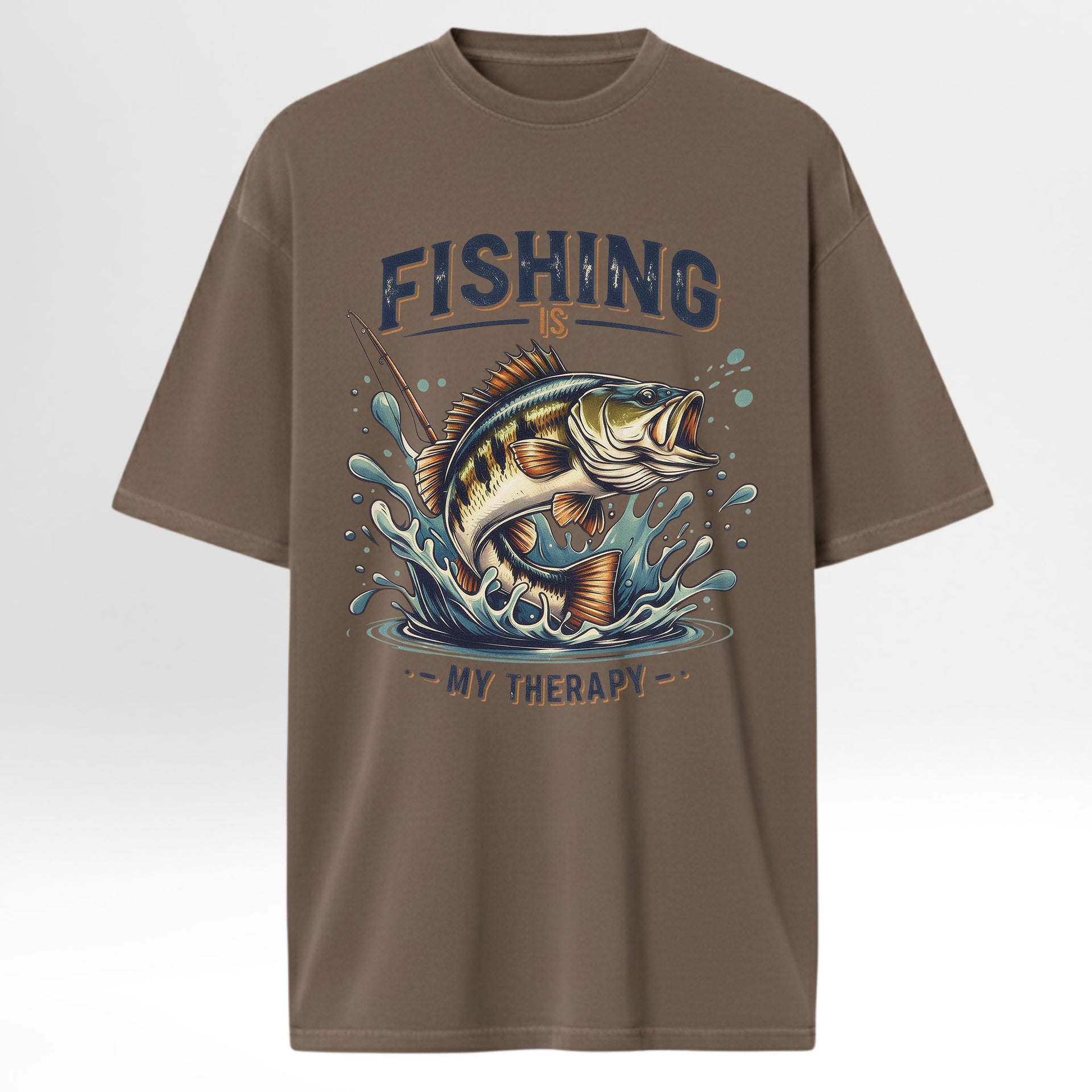 Brown fishing t-shirt with a fish graphic and text 'Fishing Is My Therapy'