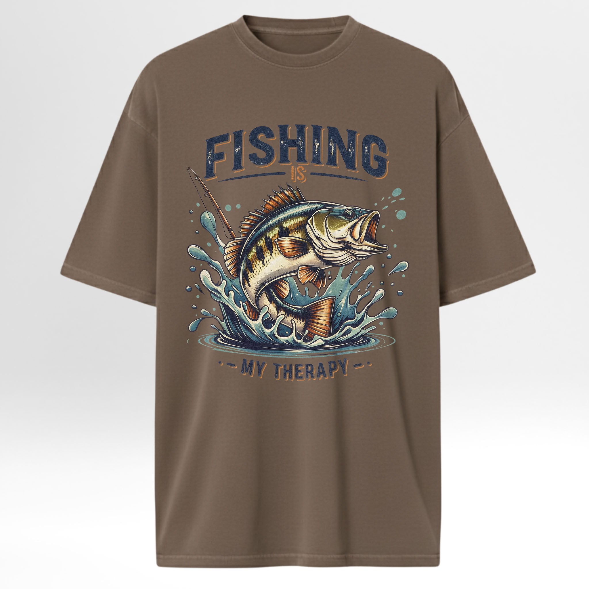 Brown fishing t-shirt with a fish graphic and text 'Fishing Is My Therapy'