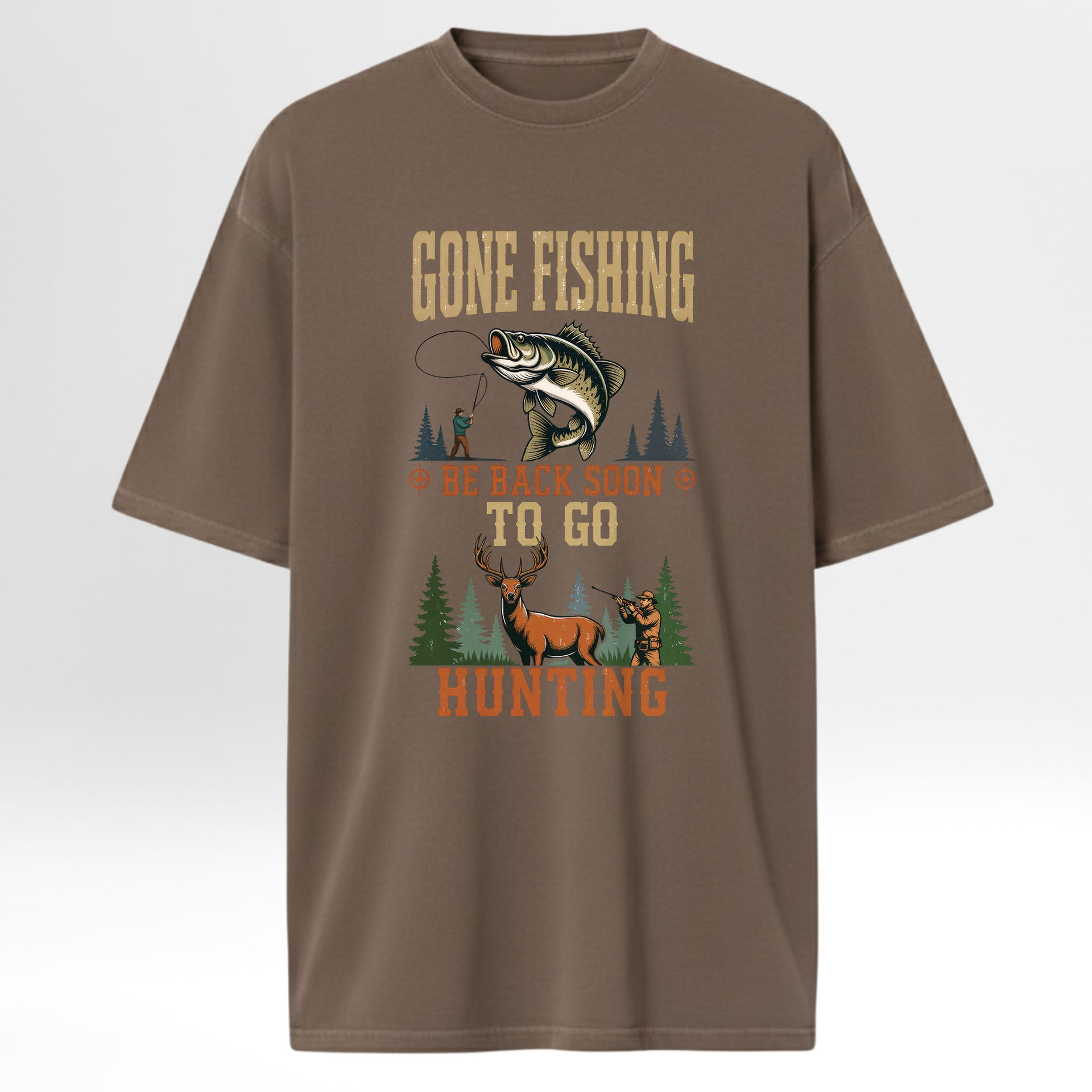 Brown hunting t-shirt with fishing and hunting graphic and text 'Gone Fishin' Be Back Soon To Go Hunting'