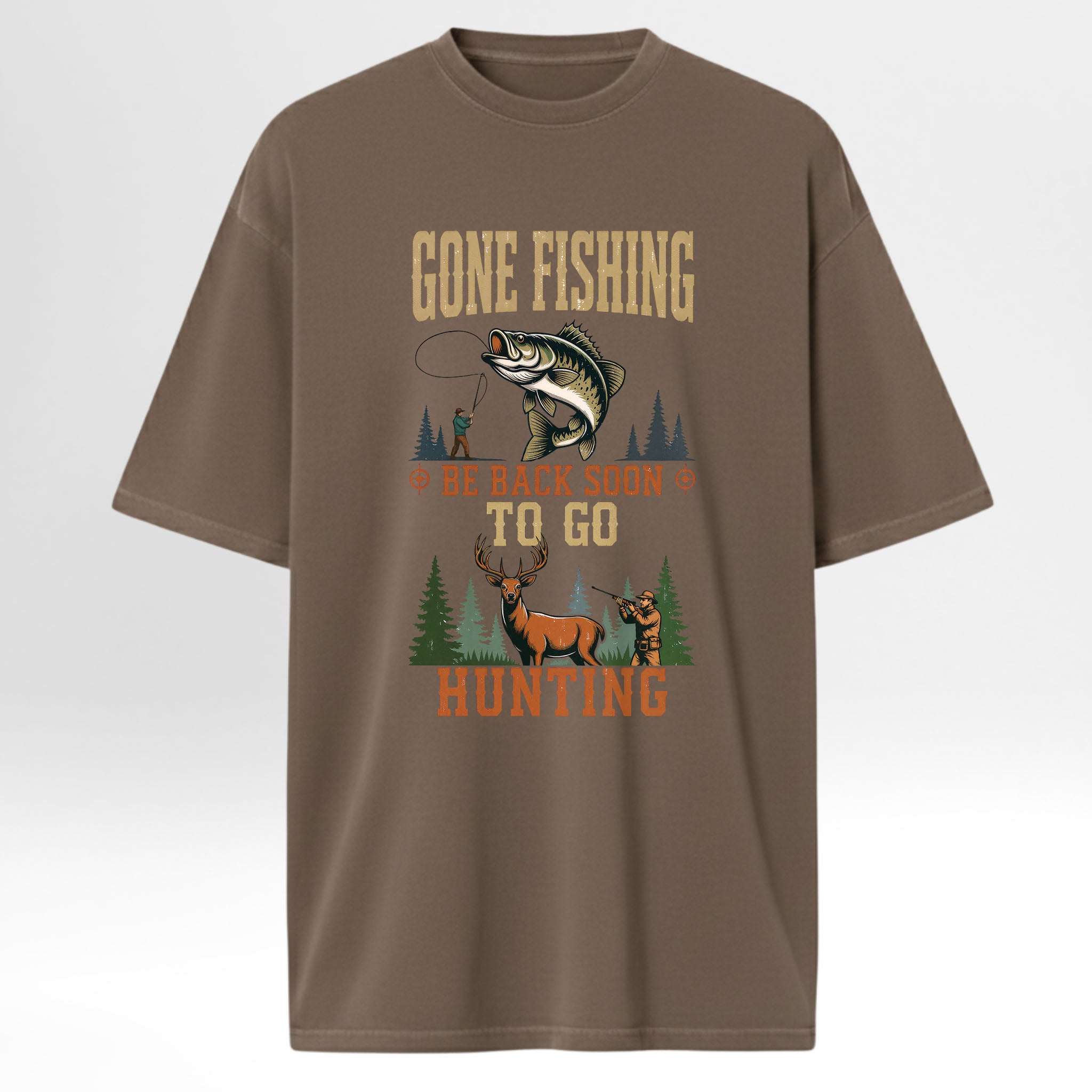 Brown hunting t-shirt with fishing and hunting graphic and text 'Gone Fishin' Be Back Soon To Go Hunting'