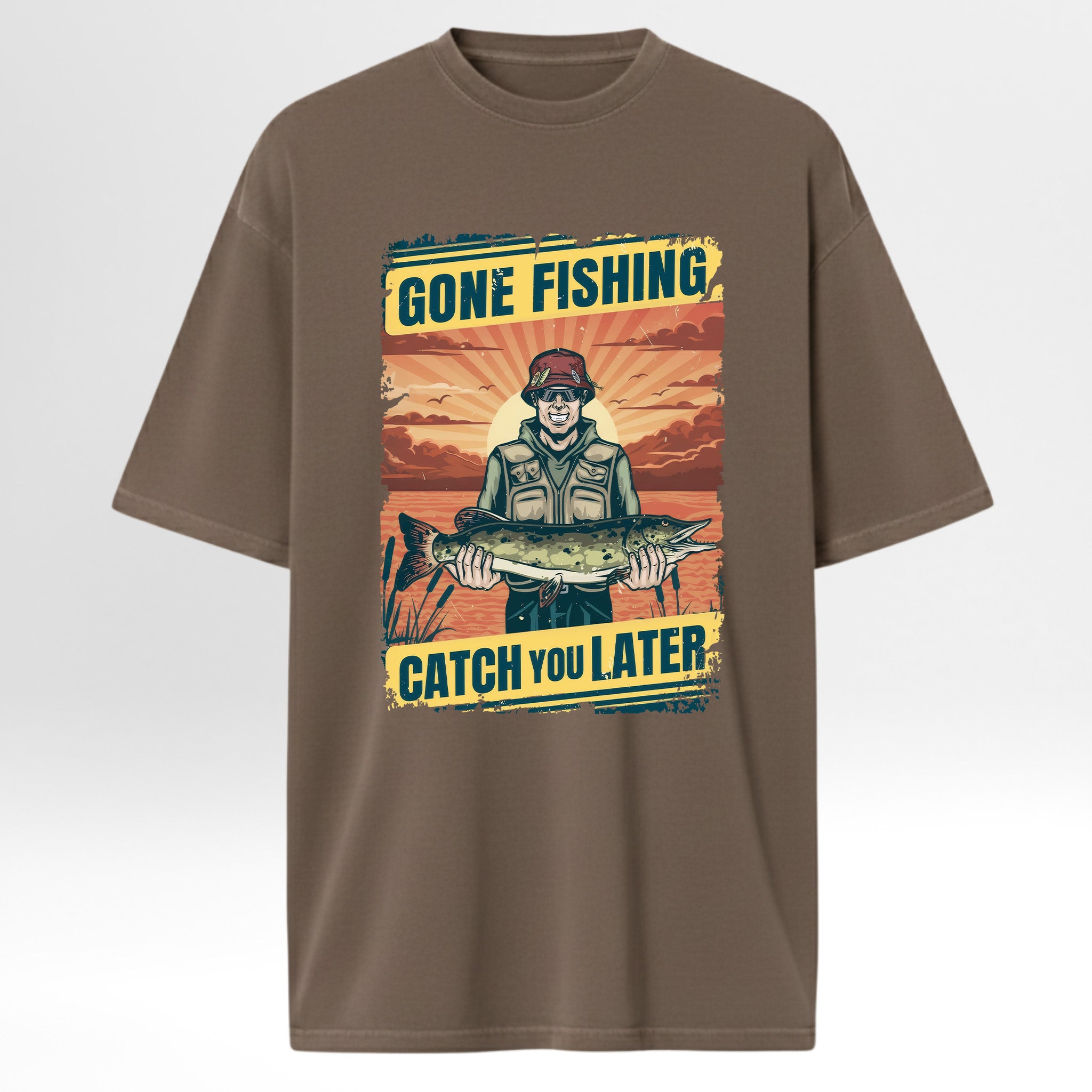 Brown  hunting t-shirt with a fishing graphic and text 'Gone Fishing Catch You Later'