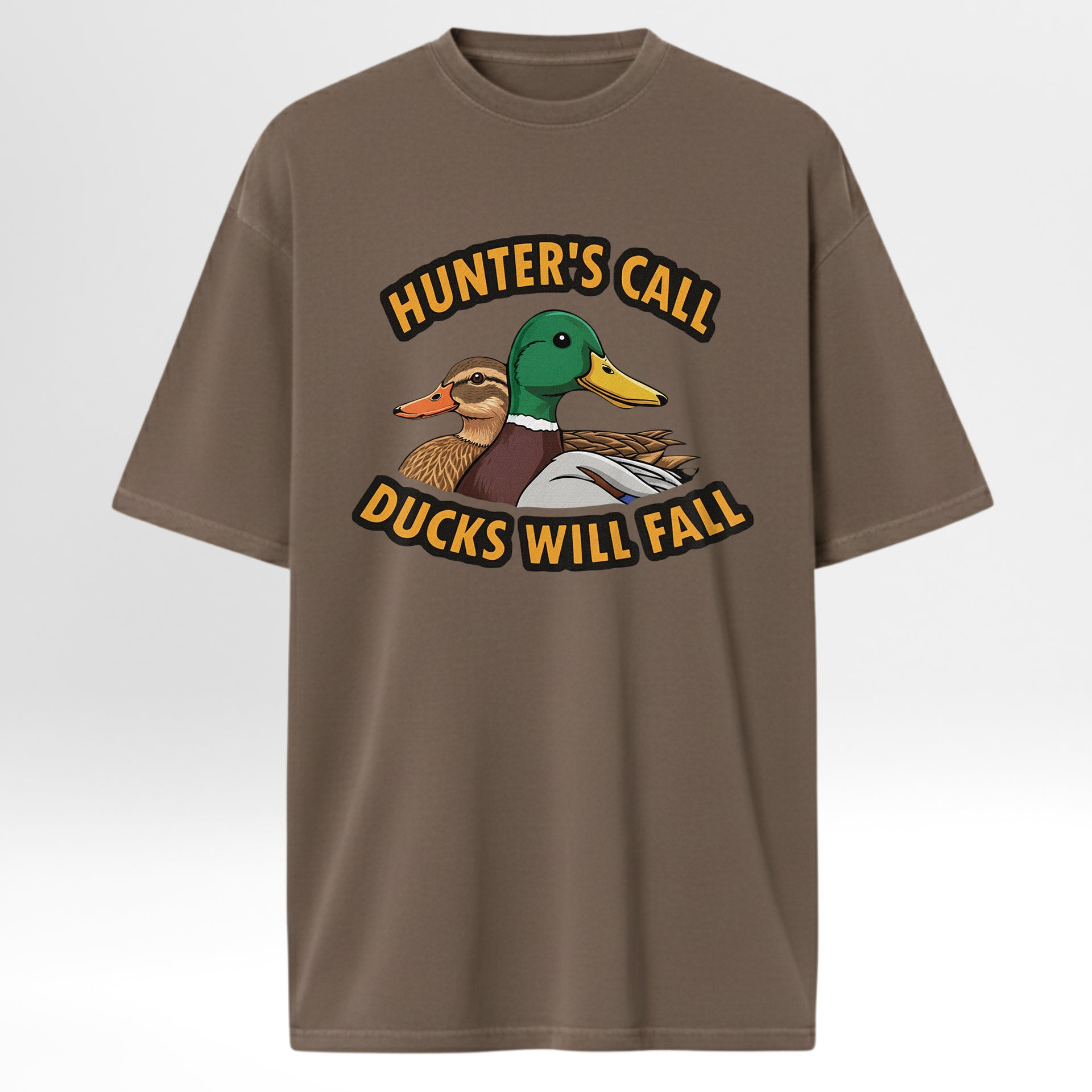 Brown hunting t-shirt with a duck graphic and text 'Hunter's Call Ducks Will Fall'