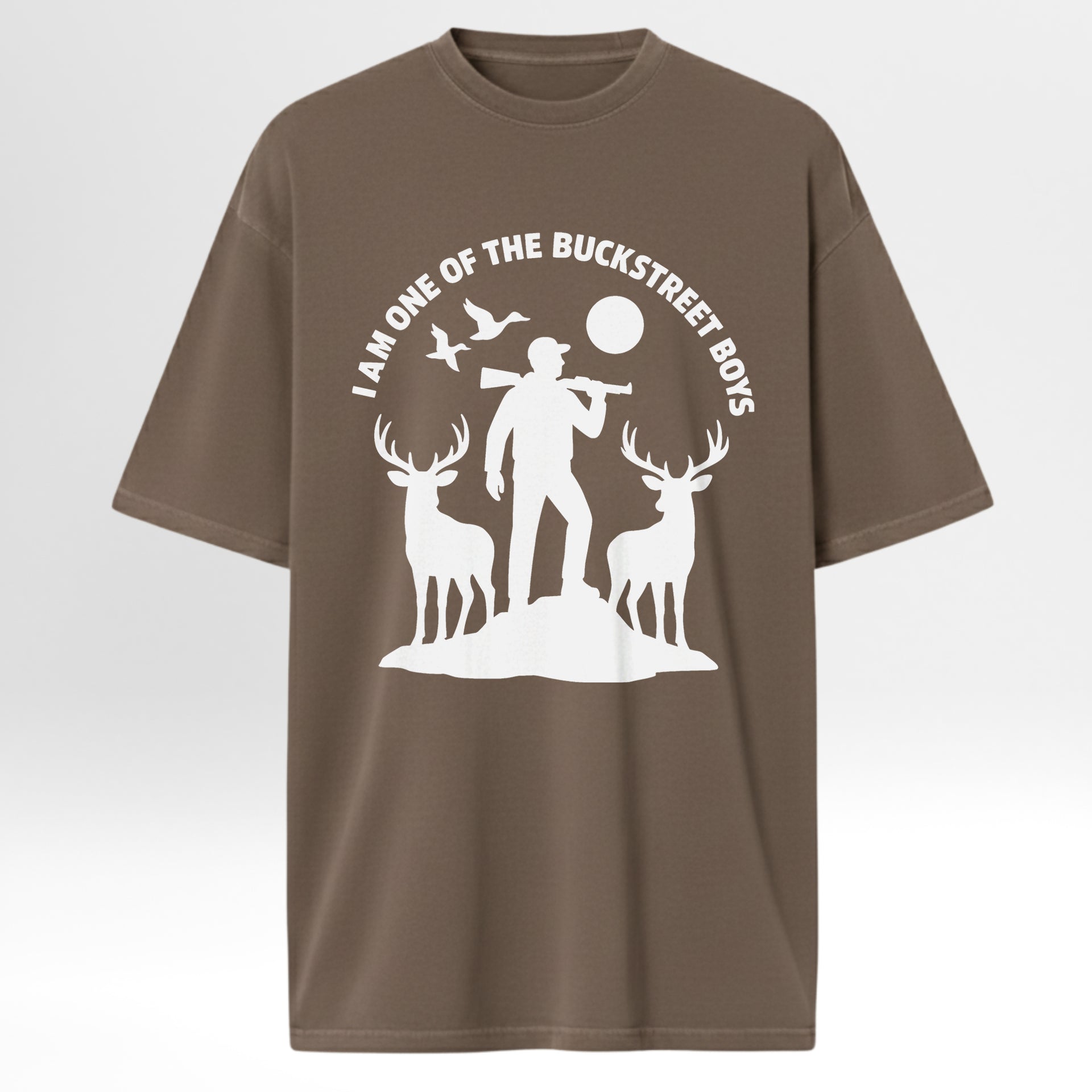 Brown hunting t-shirt with white graphic design featuring a hunter and deer with text 'I Am One Of The Buckstreet Boys'