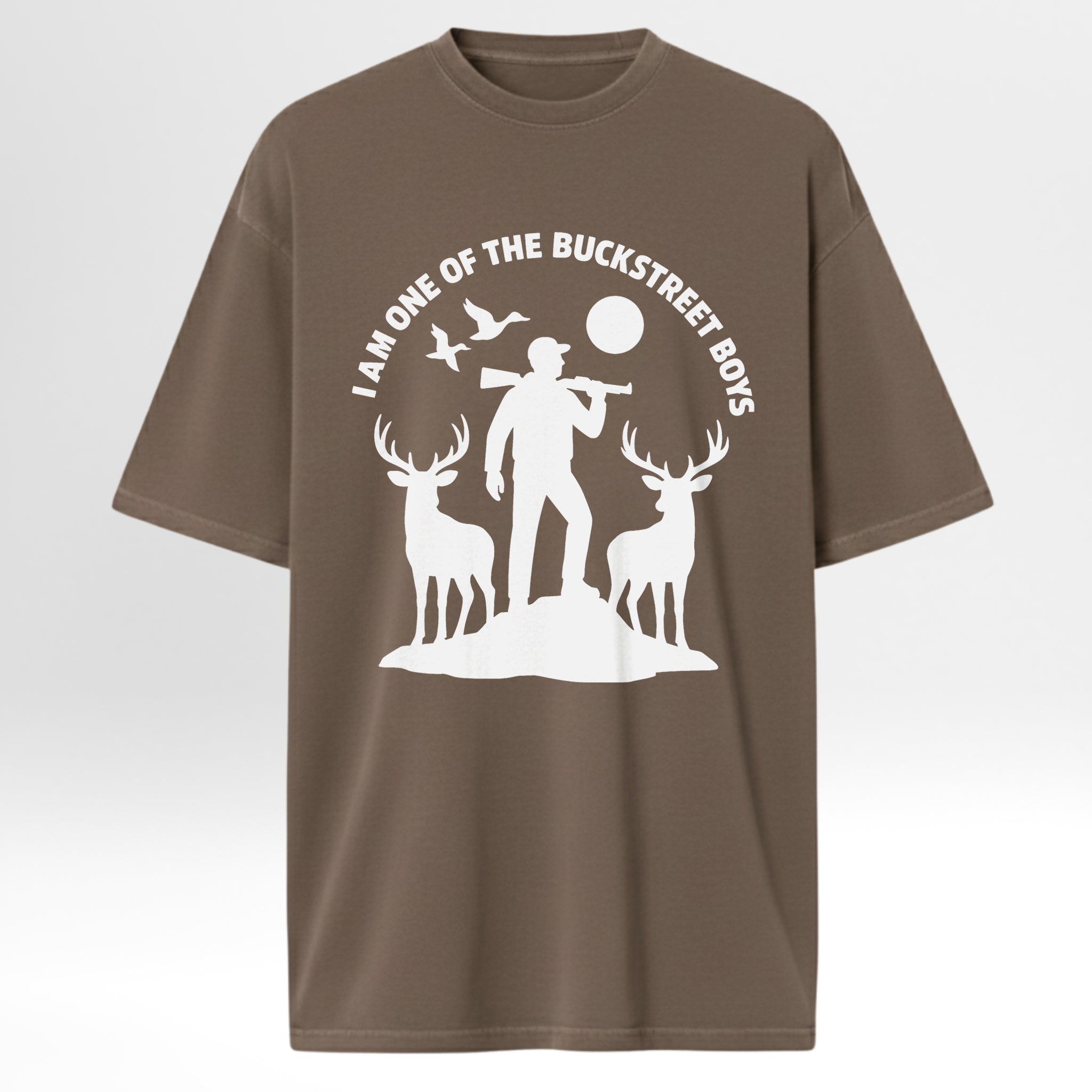 Brown hunting t-shirt with white graphic design featuring a hunter and deer with text 'I Am One Of The Buckstreet Boys'