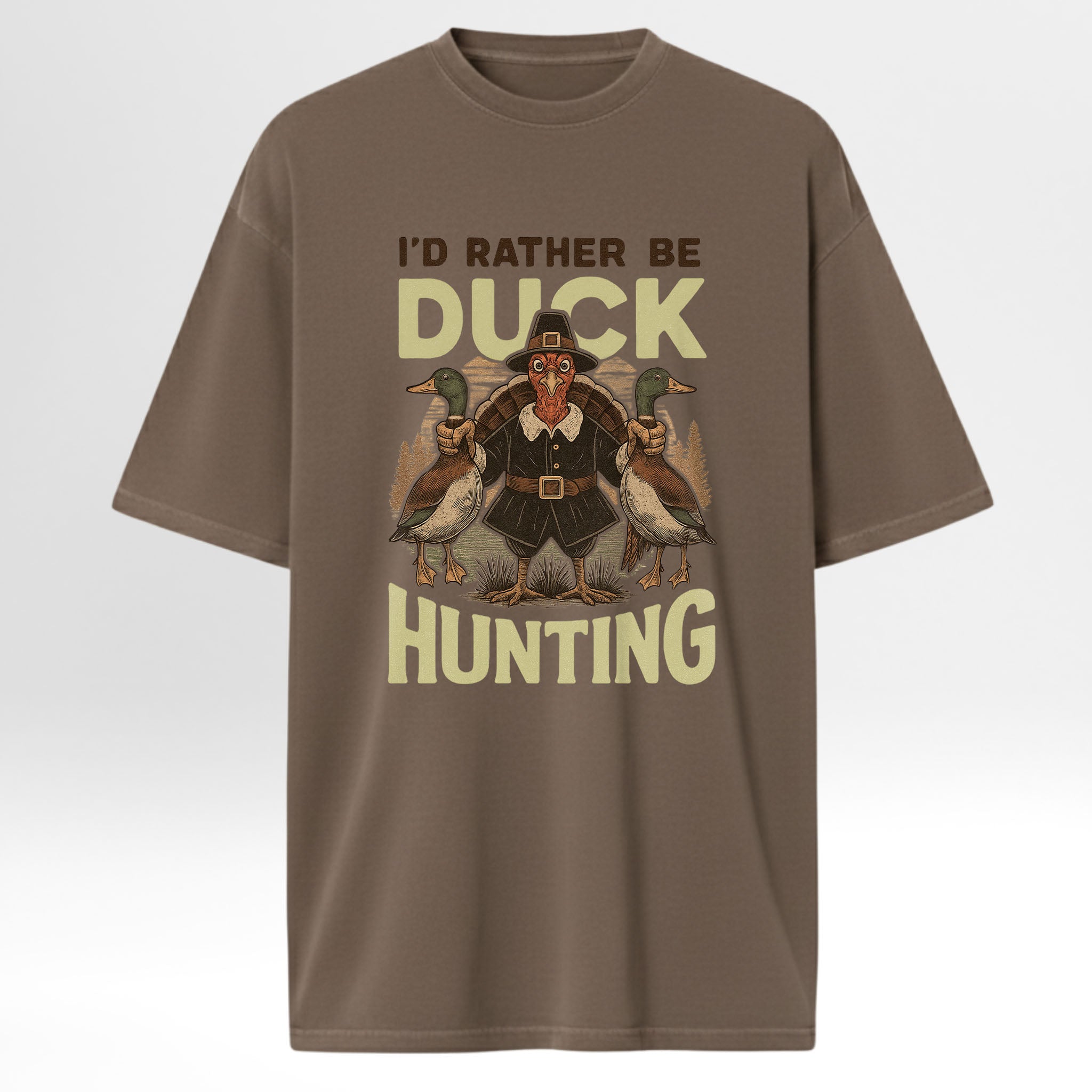 Brown hunting t-shirt with a graphic of  ducks with text 'I'd Rather Be Duck Hunting' 