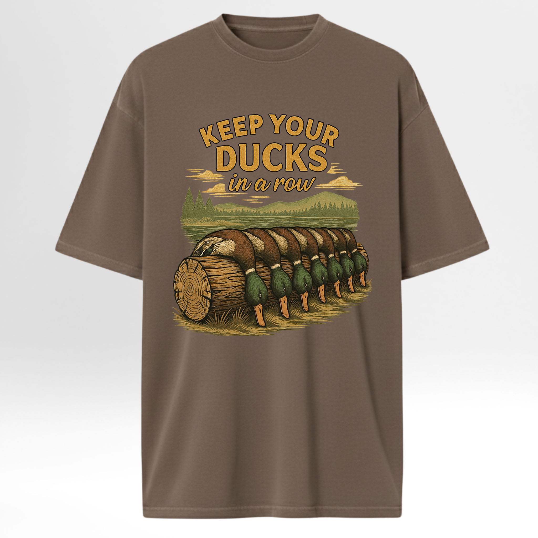 Brown hunting t-shirt with duck graphic and text 'Keep your ducks in a row' 