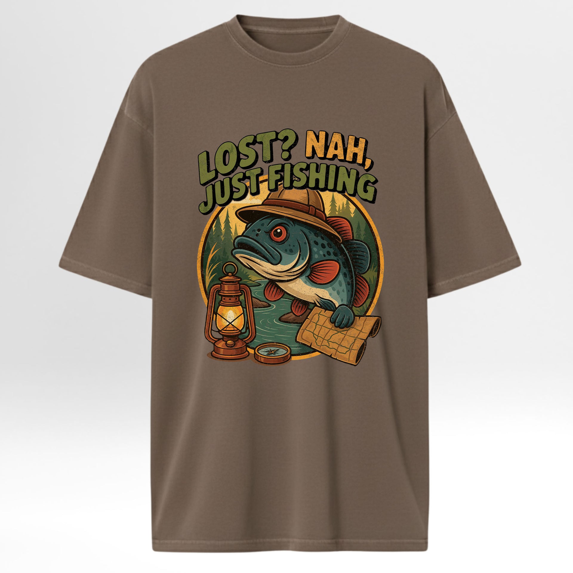 Brown fishing t-shirt with a fishing-themed graphic and text 'Lost? Nah, Just Fishing'