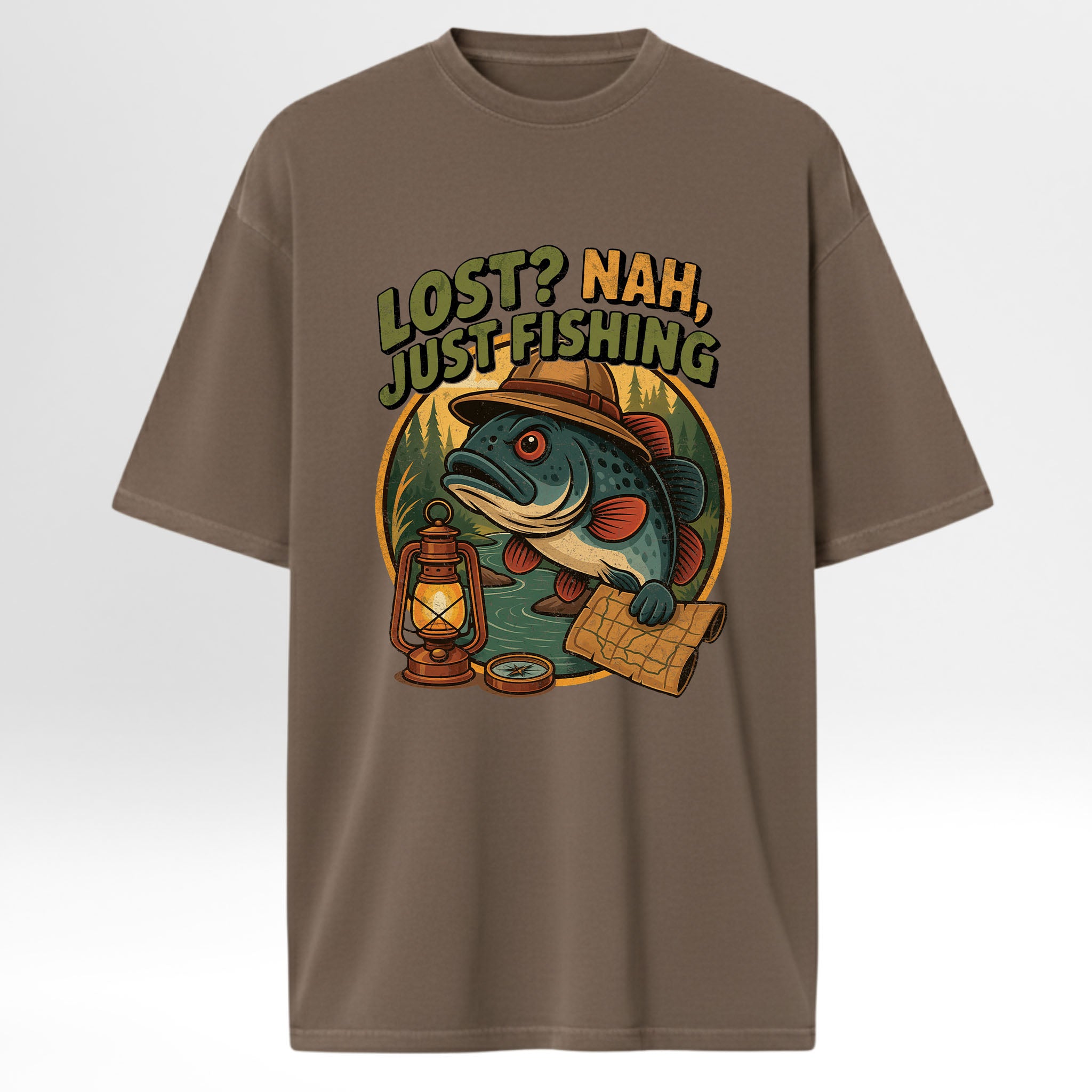 Brown fishing t-shirt with a fishing-themed graphic and text 'Lost? Nah, Just Fishing'