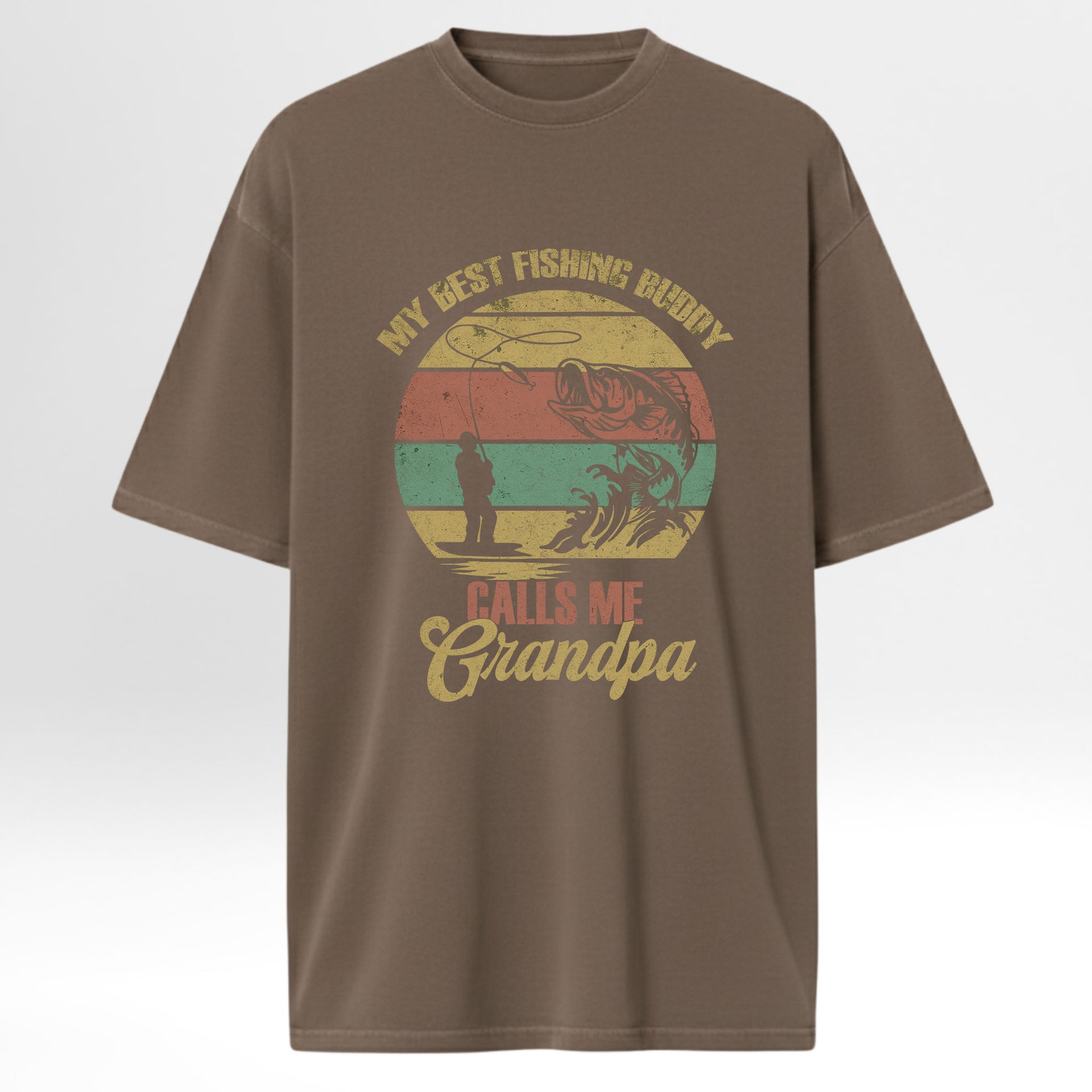 Brown fishing t-shirt with fishing graphic and text 'My Best Fishing Buddy Calls Me Grandpa'