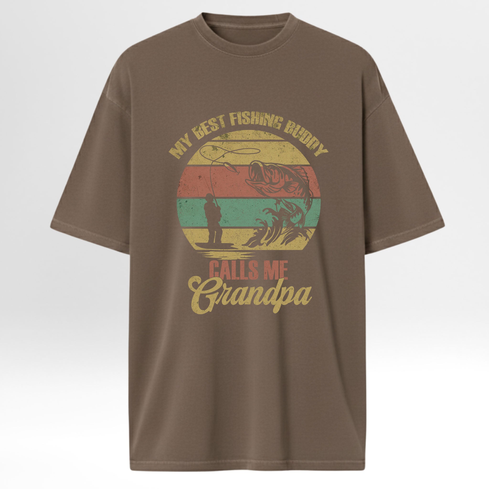 Brown fishing t-shirt with fishing graphic and text 'My Best Fishing Buddy Calls Me Grandpa'