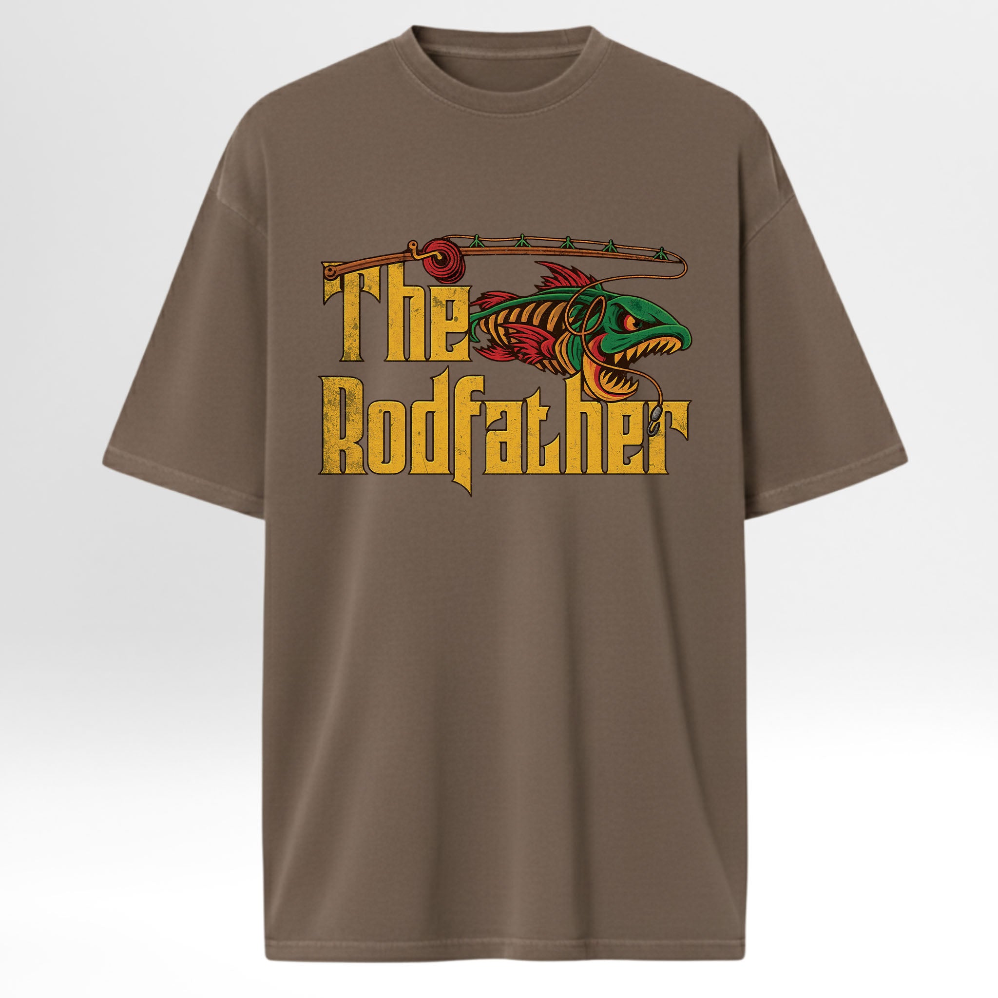 Brown fishing t-shirt with 'The Rodfather' text