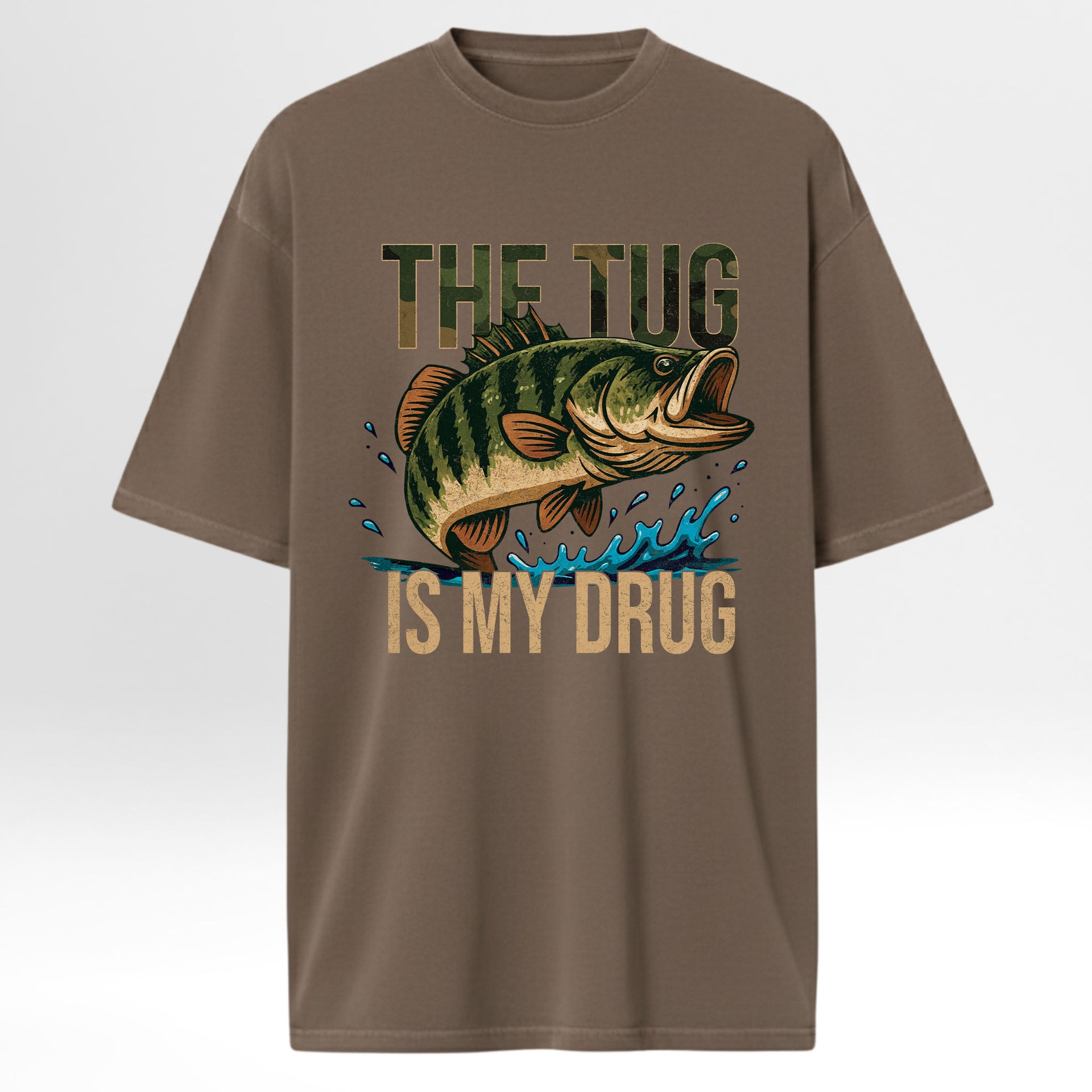 Brown fishing t-shirt with a fish graphic and text 'The Tug Is My Drug'