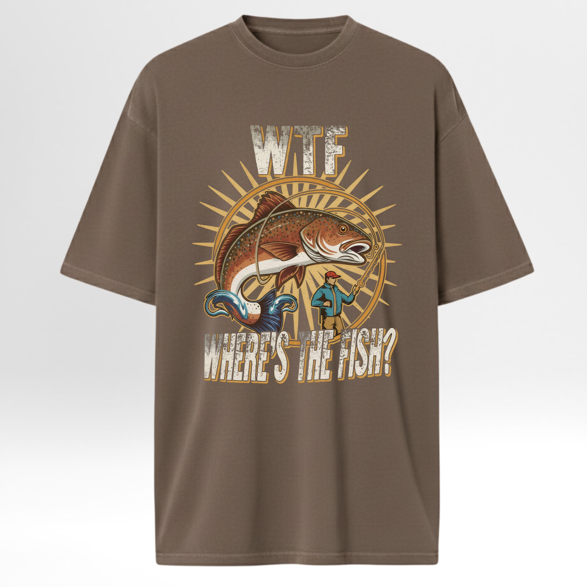 Brown fishing t-shirt with a graphic design of a fish and text 'WTF Where's The Fish'