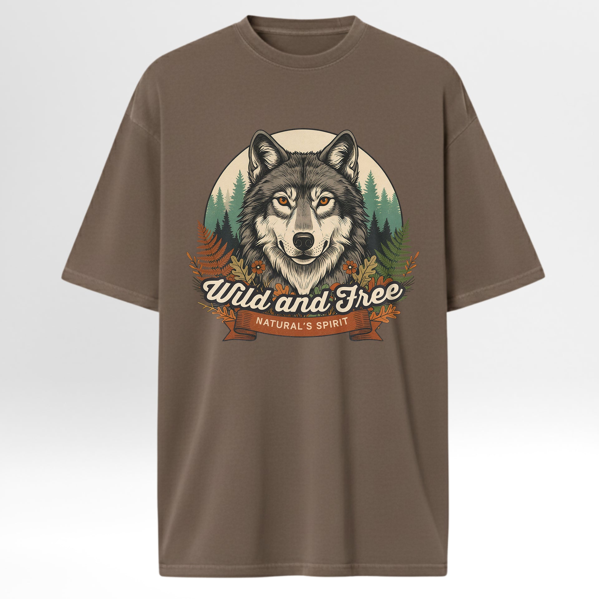 Brown hunting t-shirt with a wolf graphic and 'Wild And Free Natural's Spirit' text 