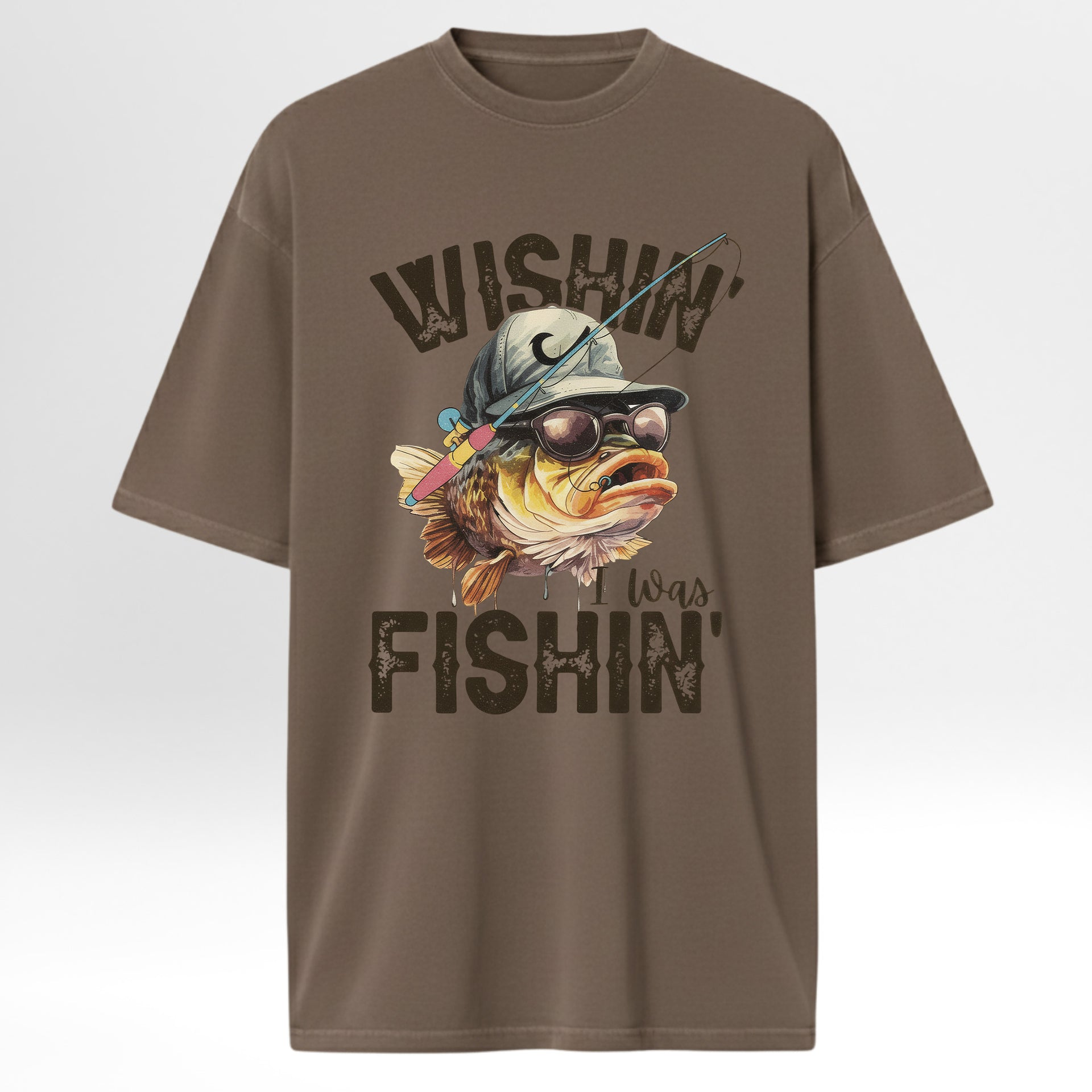 Brown fishing t-shirt with a fish graphic and text 'Wishin' I Was Fishin'