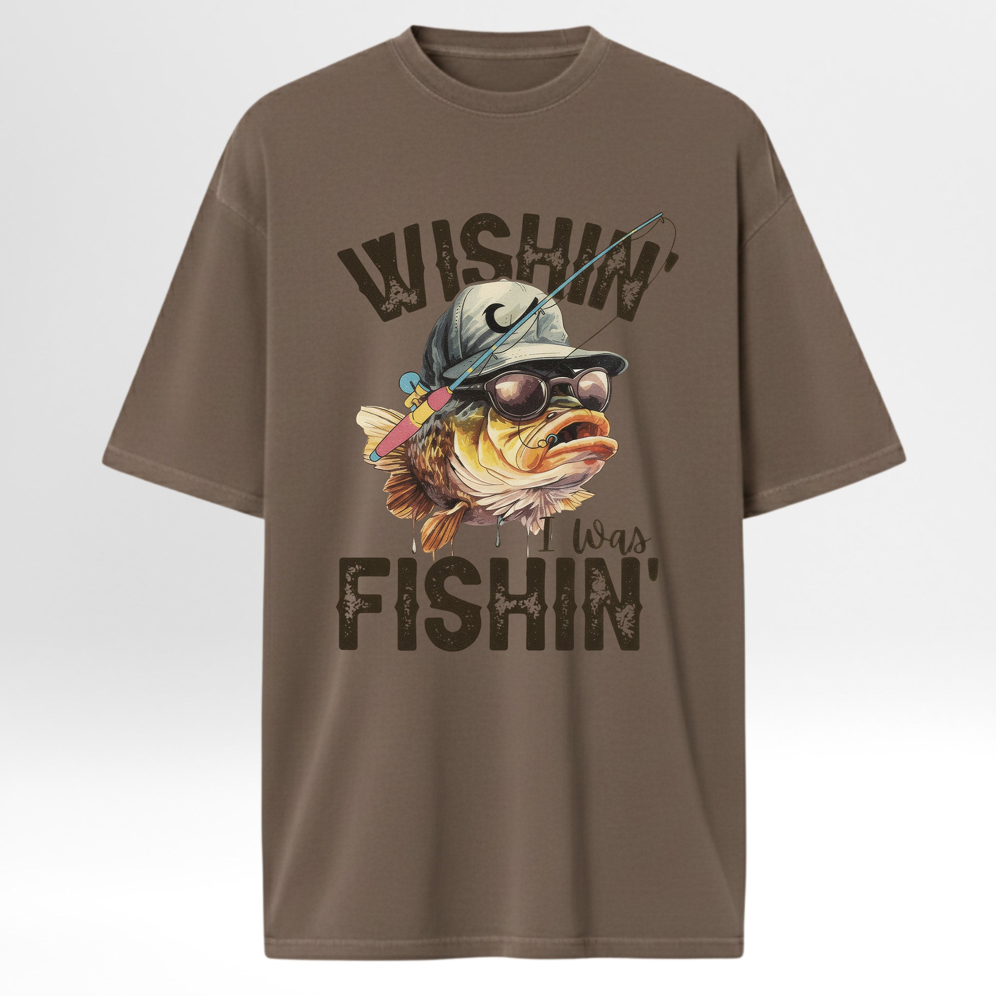 Brown fishing t-shirt with a fish graphic and text 'Wishin' I Was Fishin'