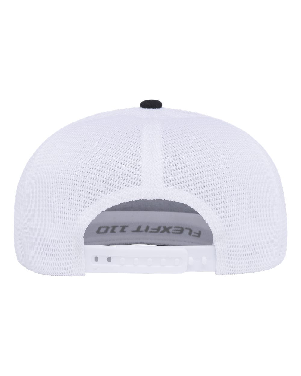 White mesh trucker cap viewed from the back, featuring a black button on top and a gray Flexfit 110 size adjustment strap.