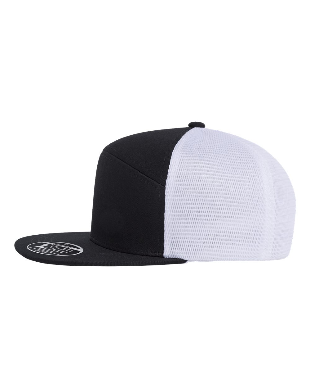 A black and white trucker-style snapback cap with a solid black front panel and brim, and a white mesh back.