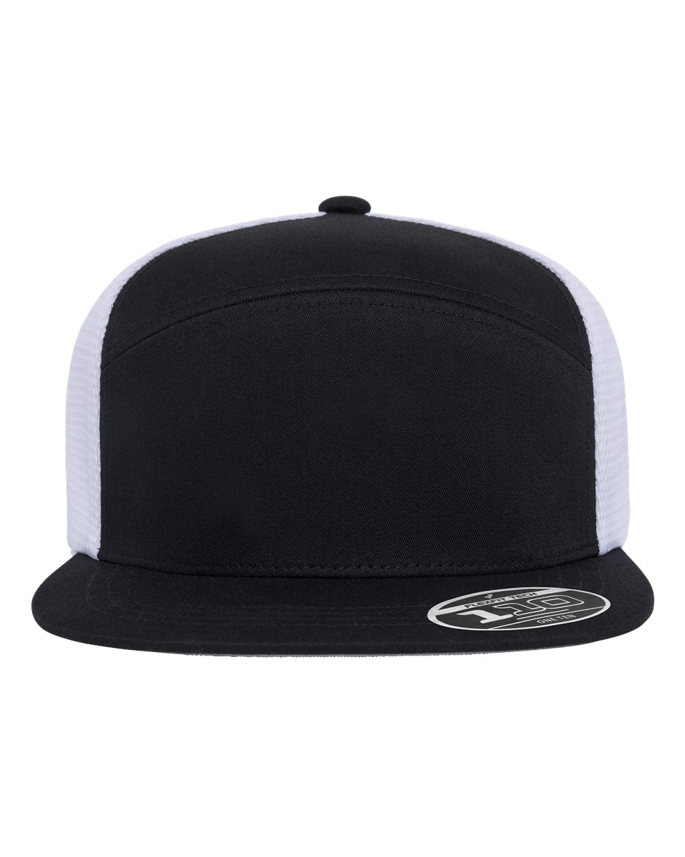 A black trucker-style snapback cap with white mesh side panels and a black flat brim, featuring a circular silver and black sticker on the brim.