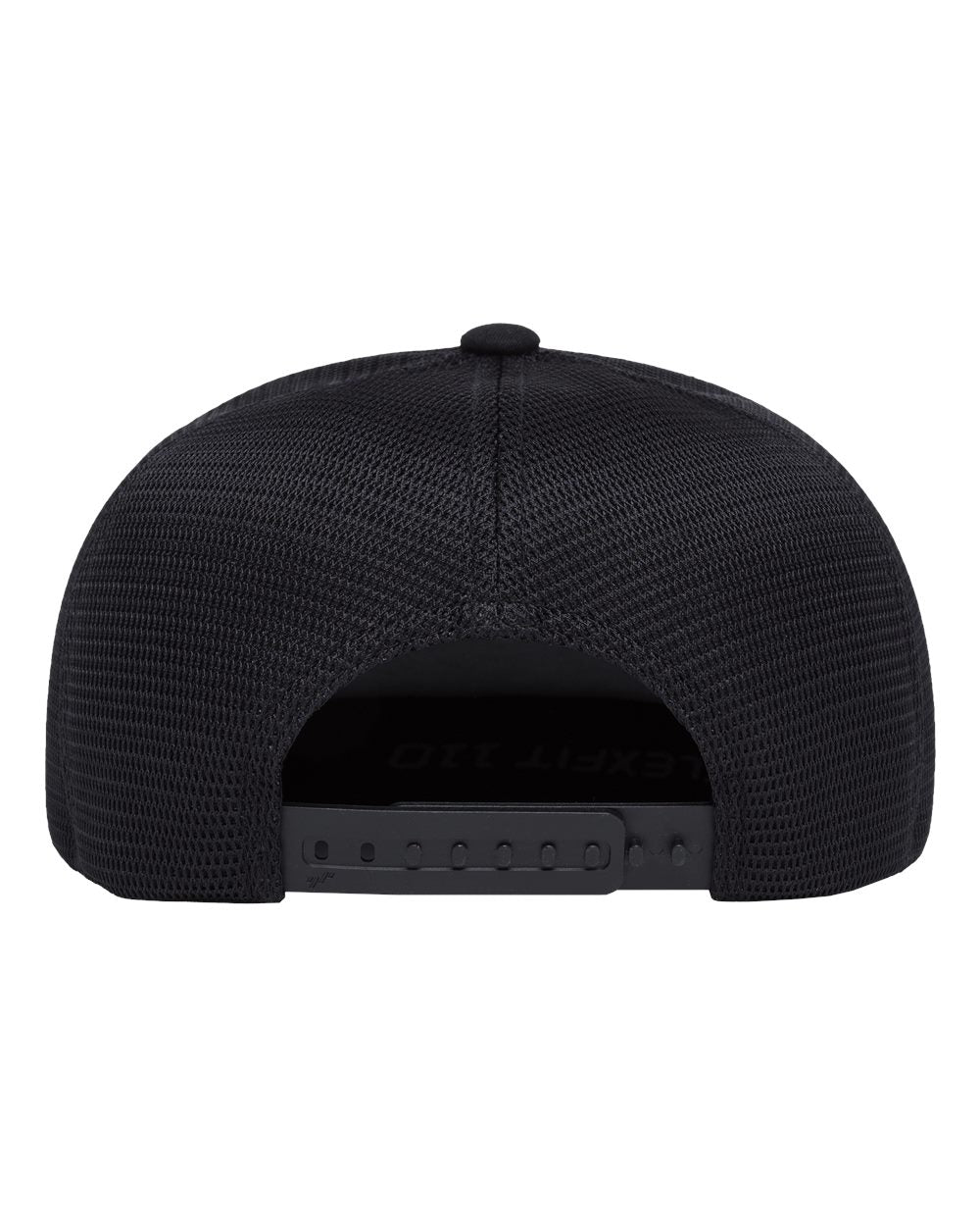 The back view of a black mesh snapback cap on a solid white background.