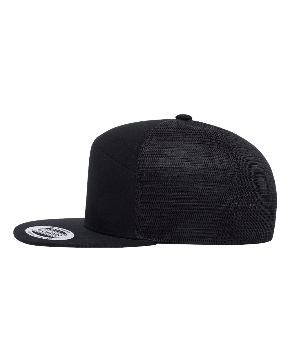 A black structured snapback cap with a flat brim and a black mesh back, shown from a side profile on a white background.