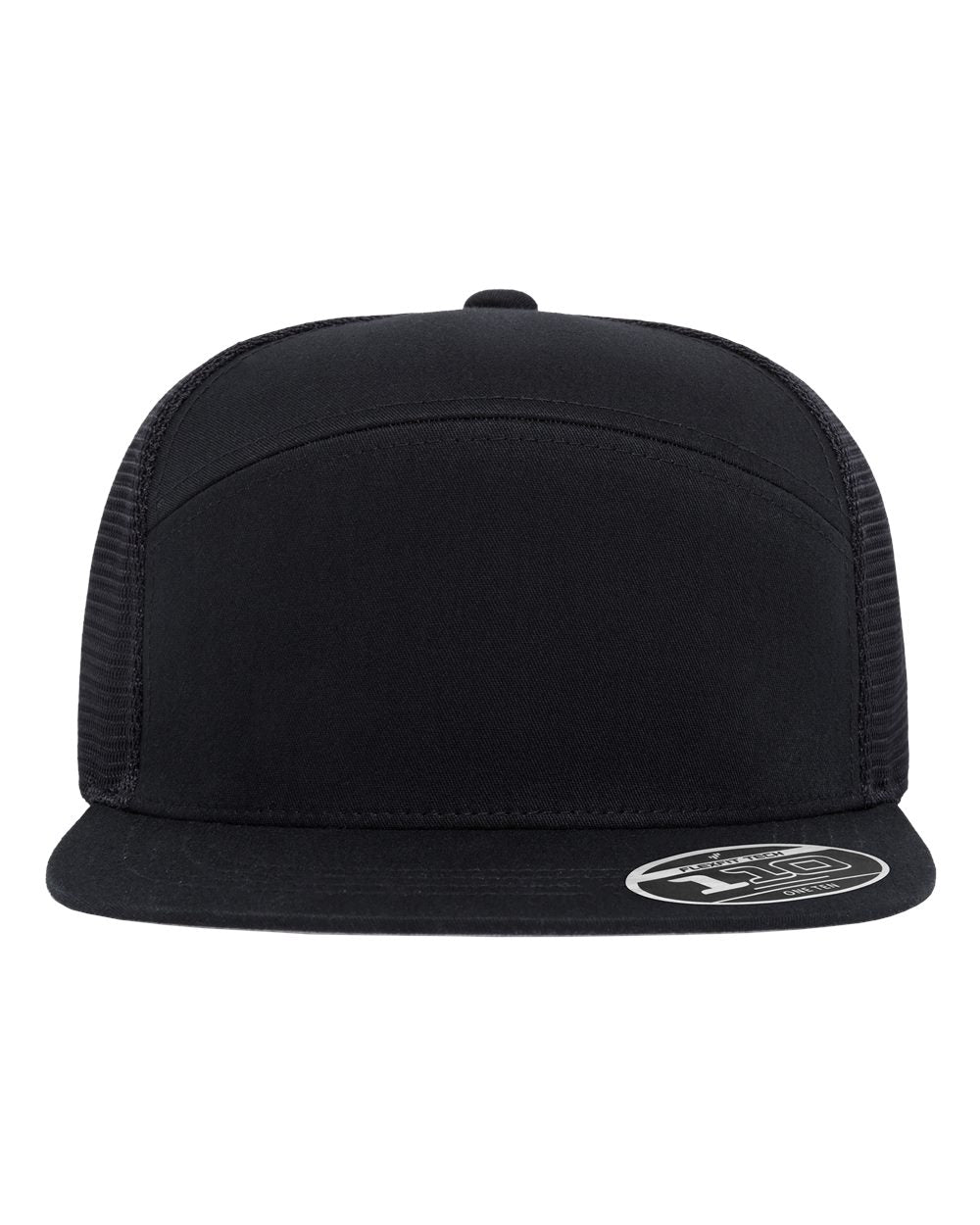 A black trucker hat with a flat brim and black mesh back panels, featuring a circular silver and black sticker on the brim.