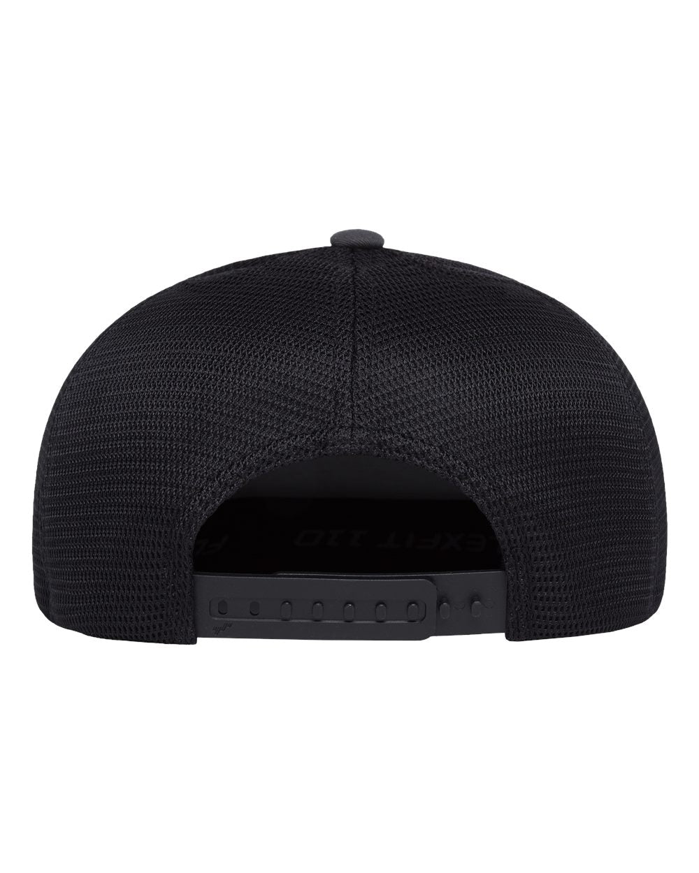 The back view of a charcoal & black structured snapback cap with a textured mesh back and an adjustable black plastic snap closure.