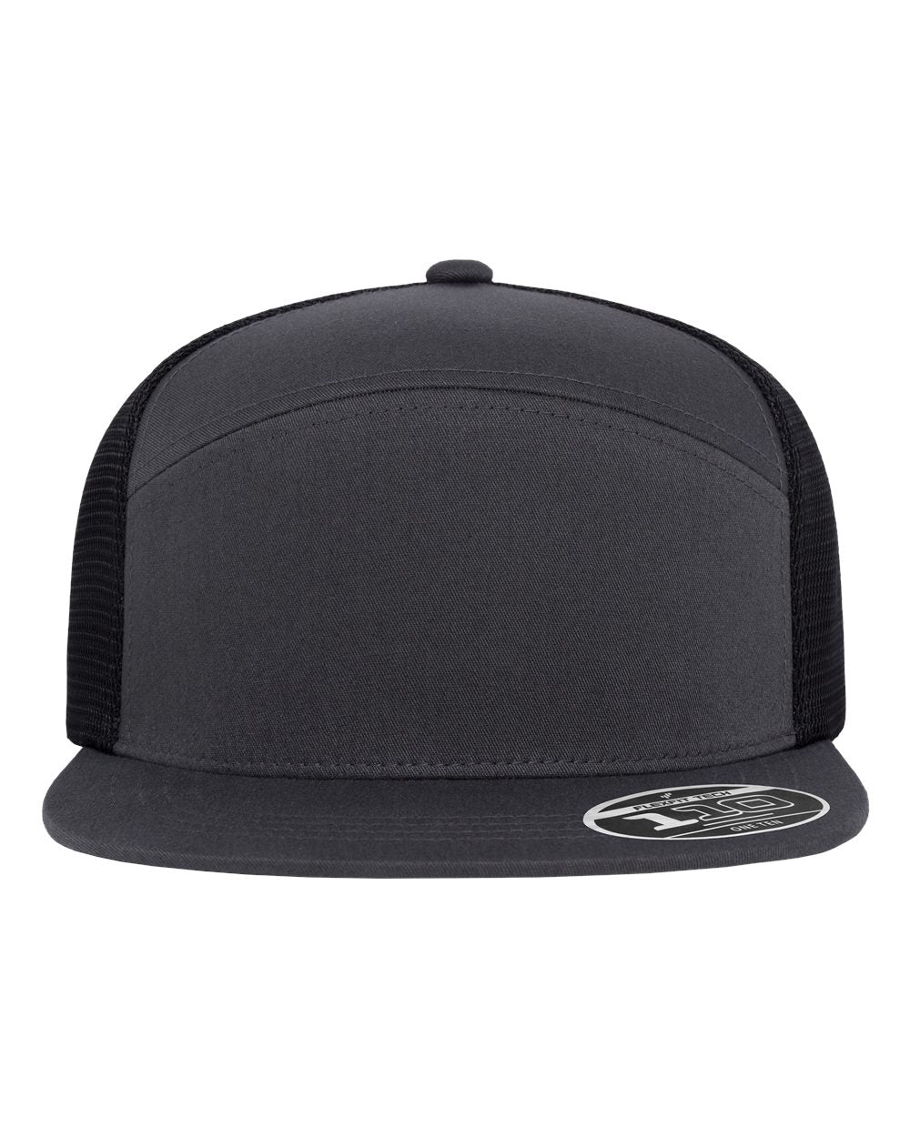 A charcoal trucker hat with a structured front panel, black mesh back, and a flat brim featuring a white circular sticker.