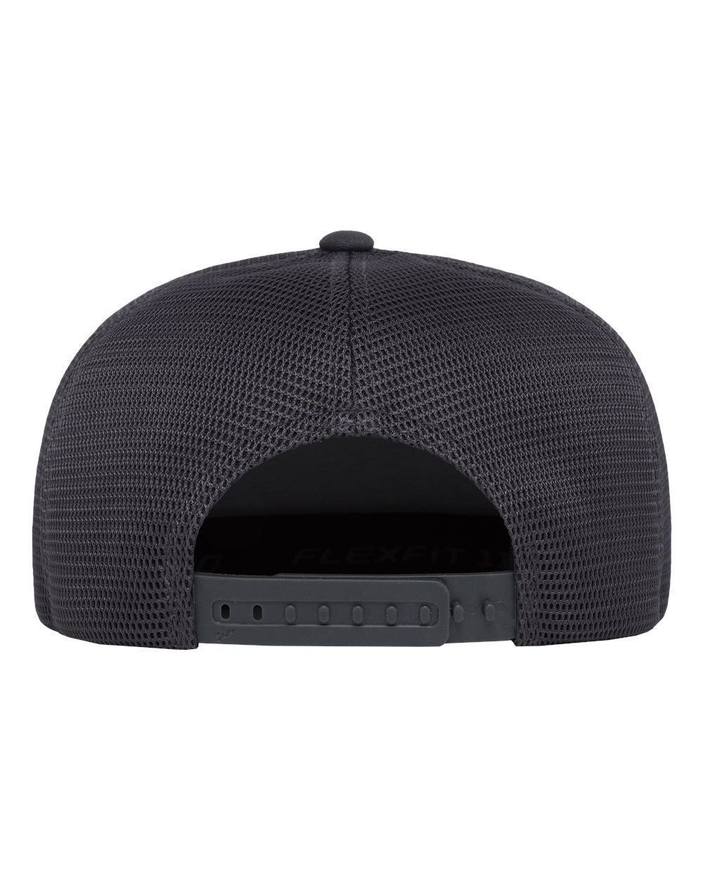 The back view of a black mesh snapback cap.
