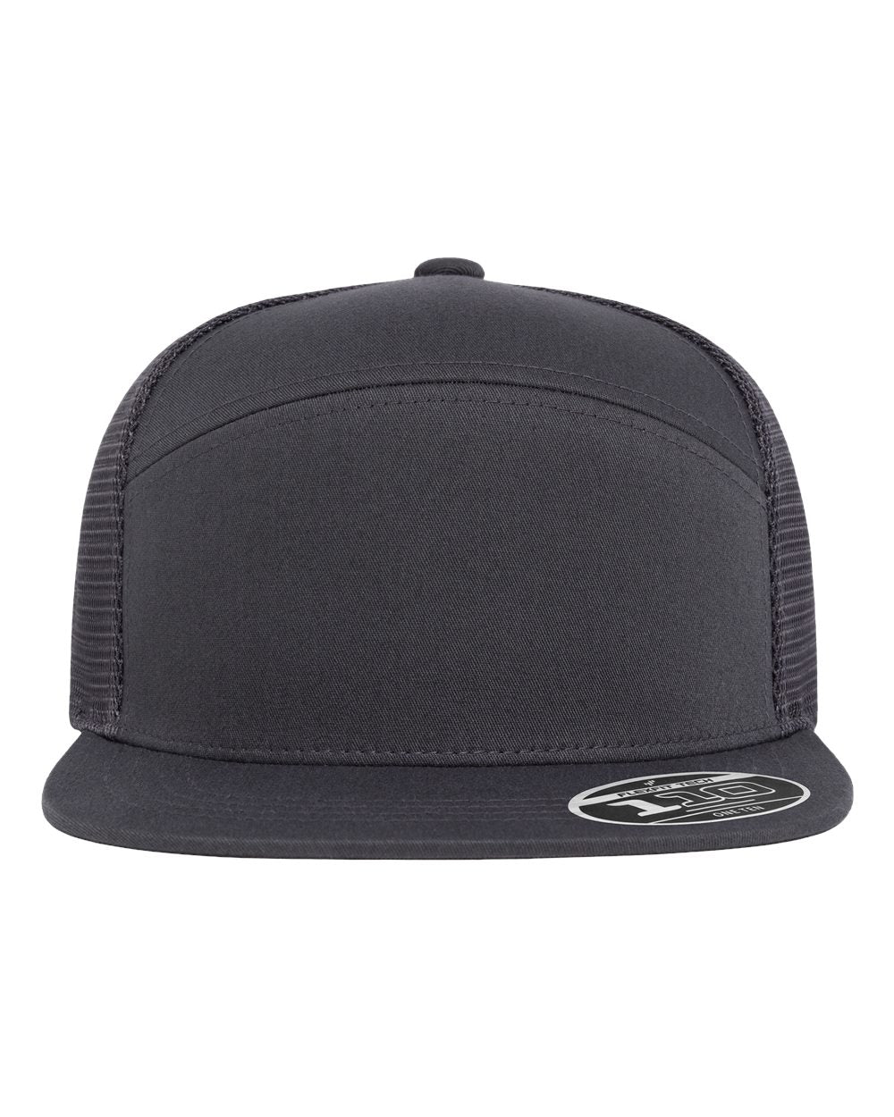 A dark gray trucker hat with a structured front panel, flat brim, and dark gray mesh back, featuring a silver and black sticker on the brim.