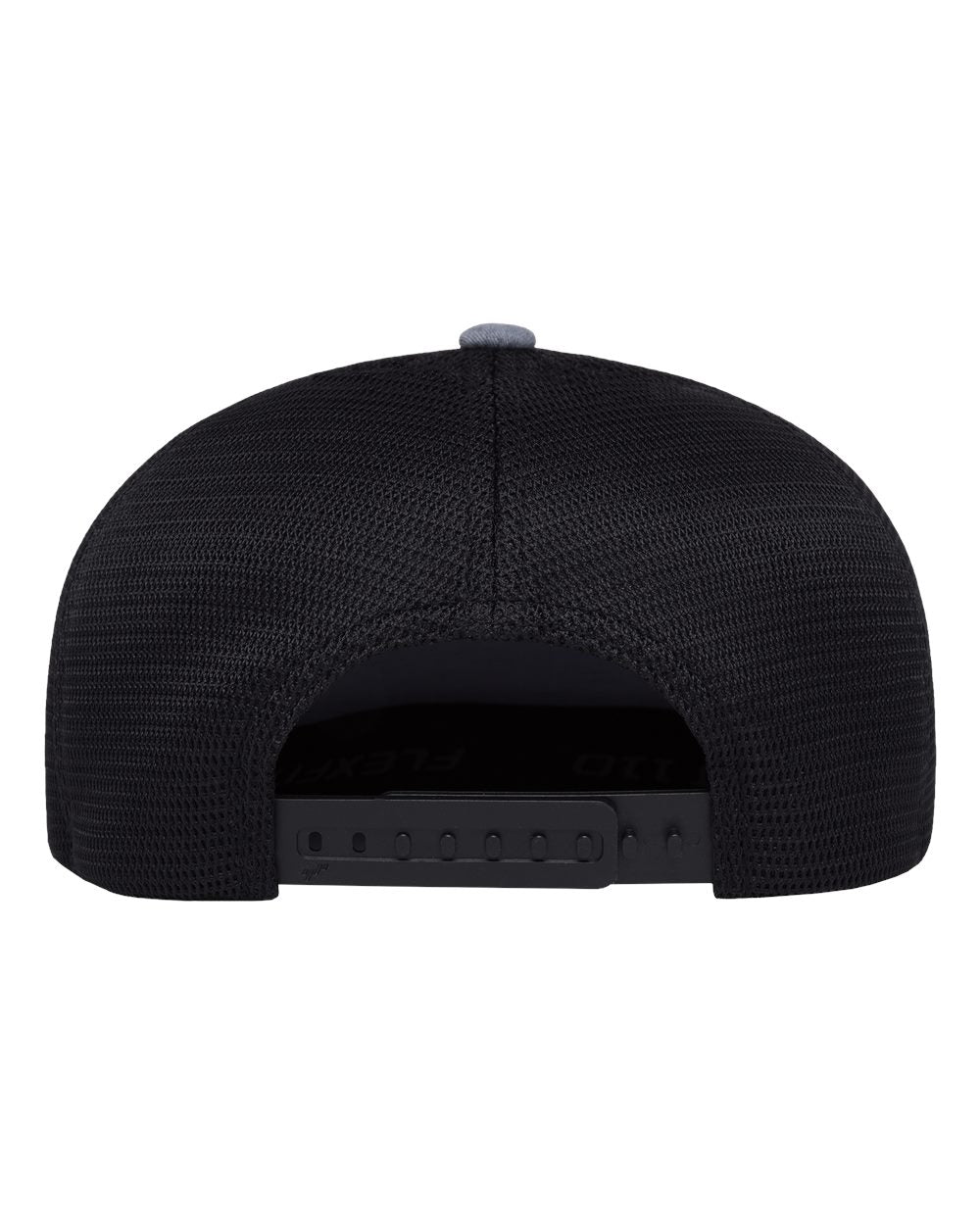 Rear view of a black mesh snapback cap.