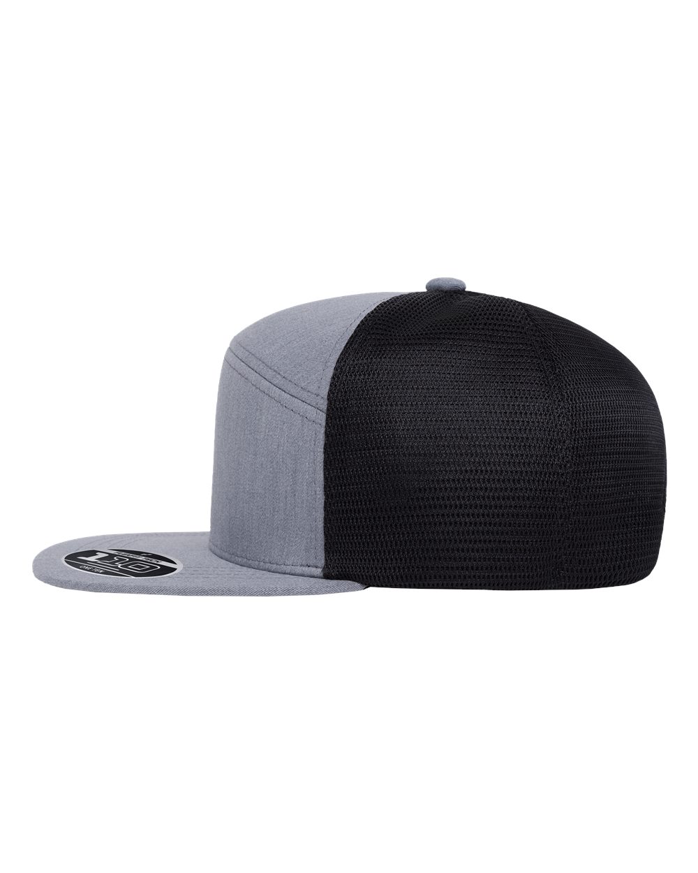 A two-tone snapback trucker cap with a heather gray front panel and brim, and a black mesh back.