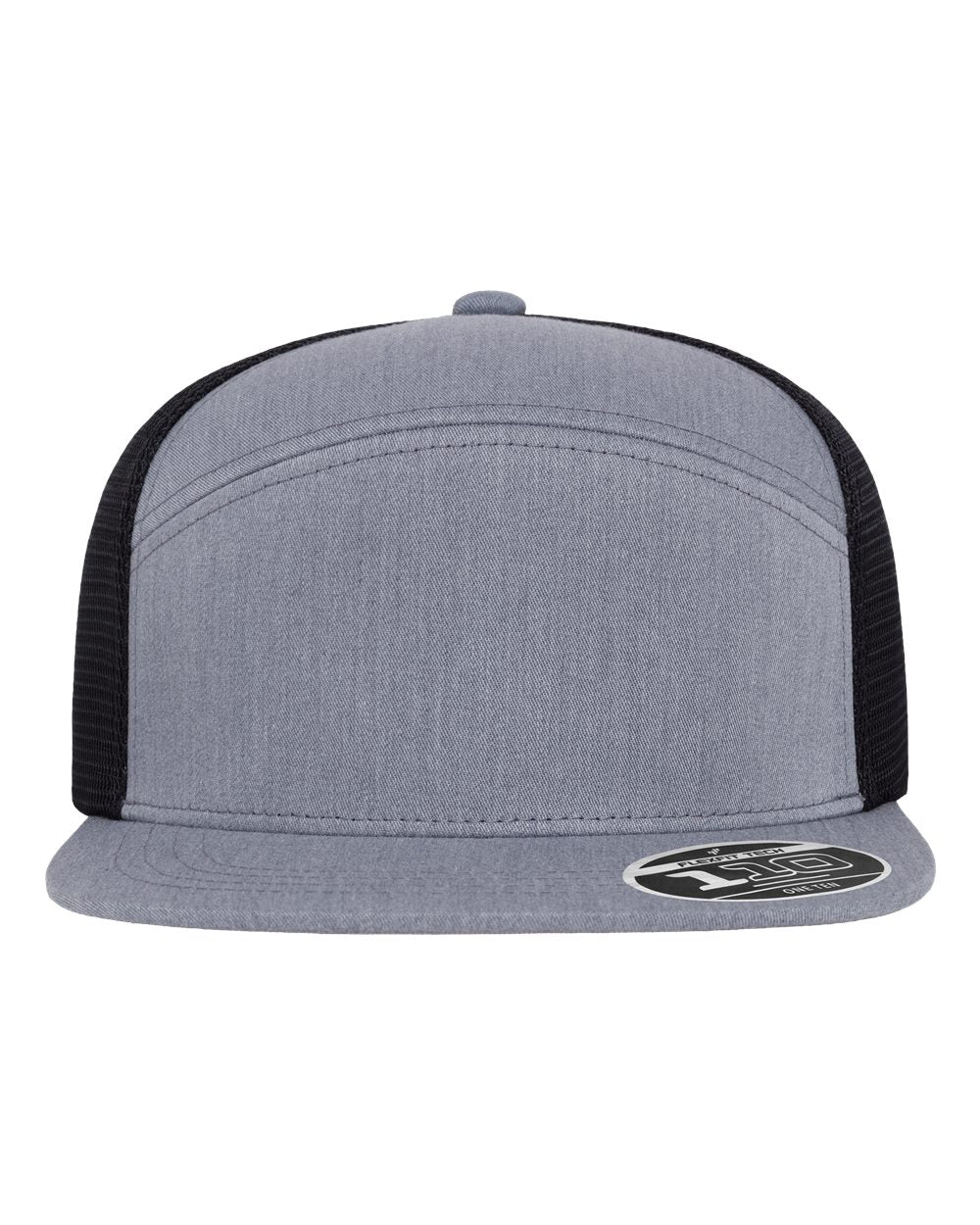 A light gray heather trucker hat with black mesh back panels and a black sticker on the brim.