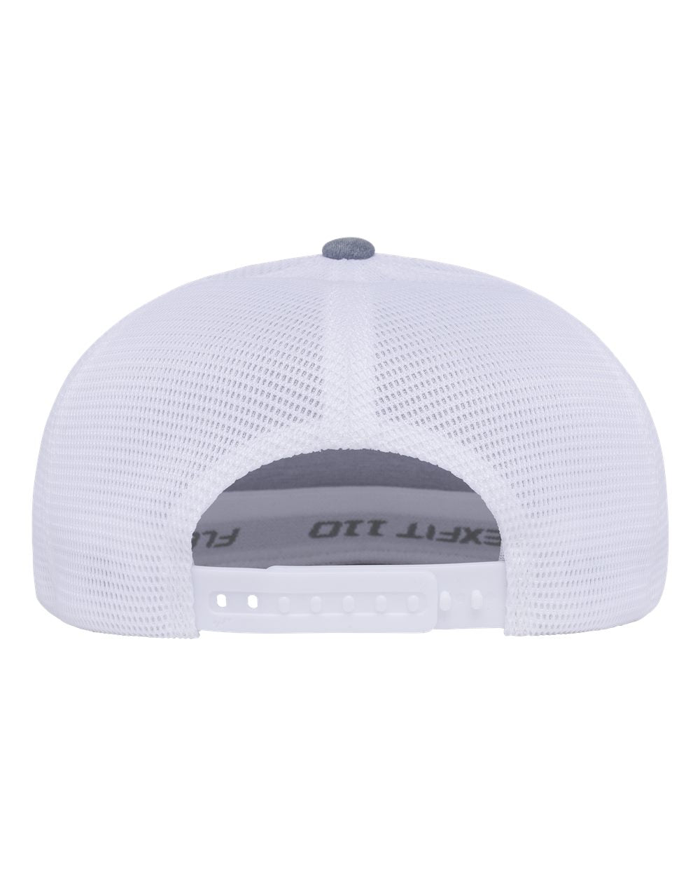 White mesh trucker cap viewed from the back, featuring a gray snapback closure and a gray button on top.