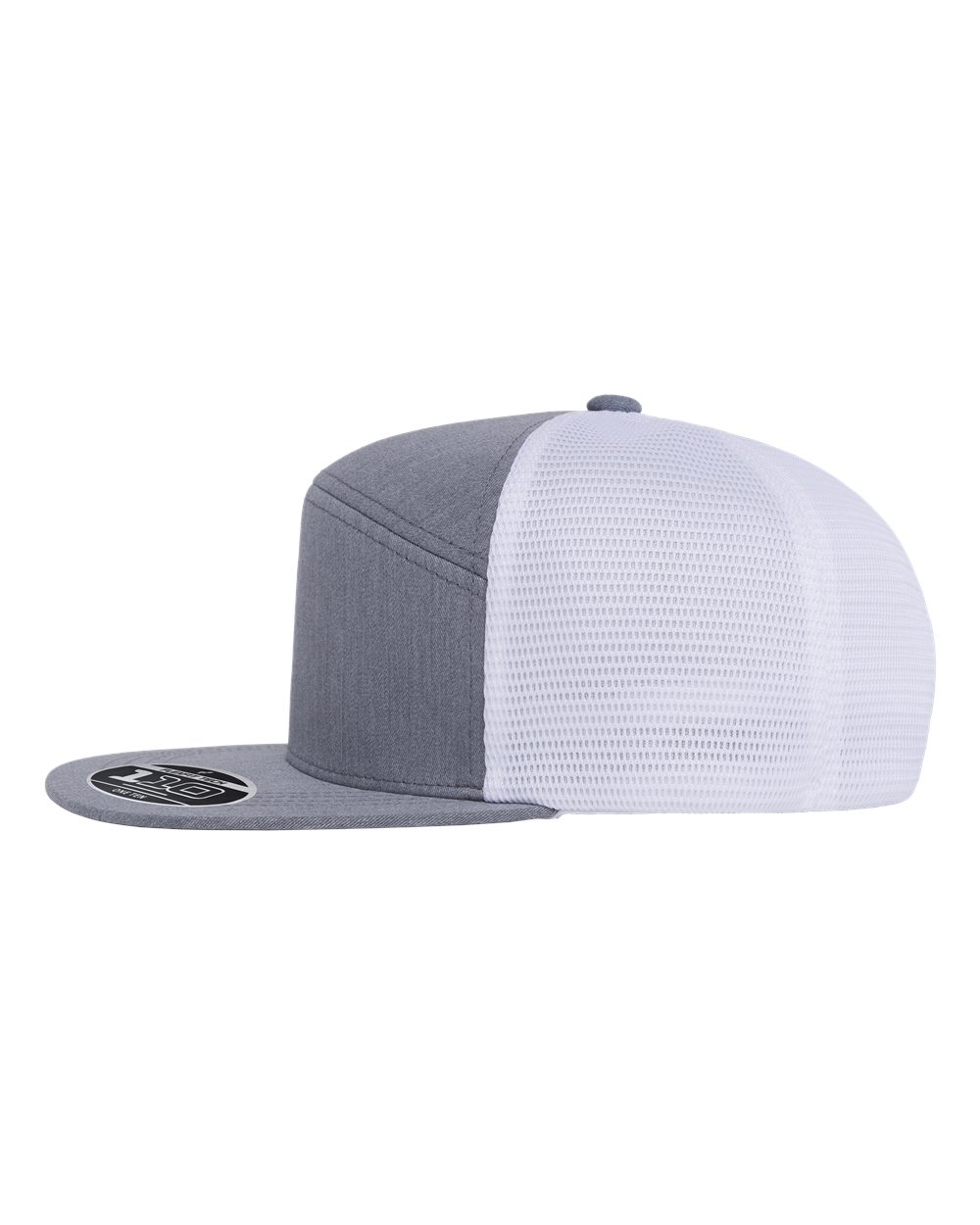 A two-tone trucker cap with a heather gray front panel and visor, and a white mesh back.